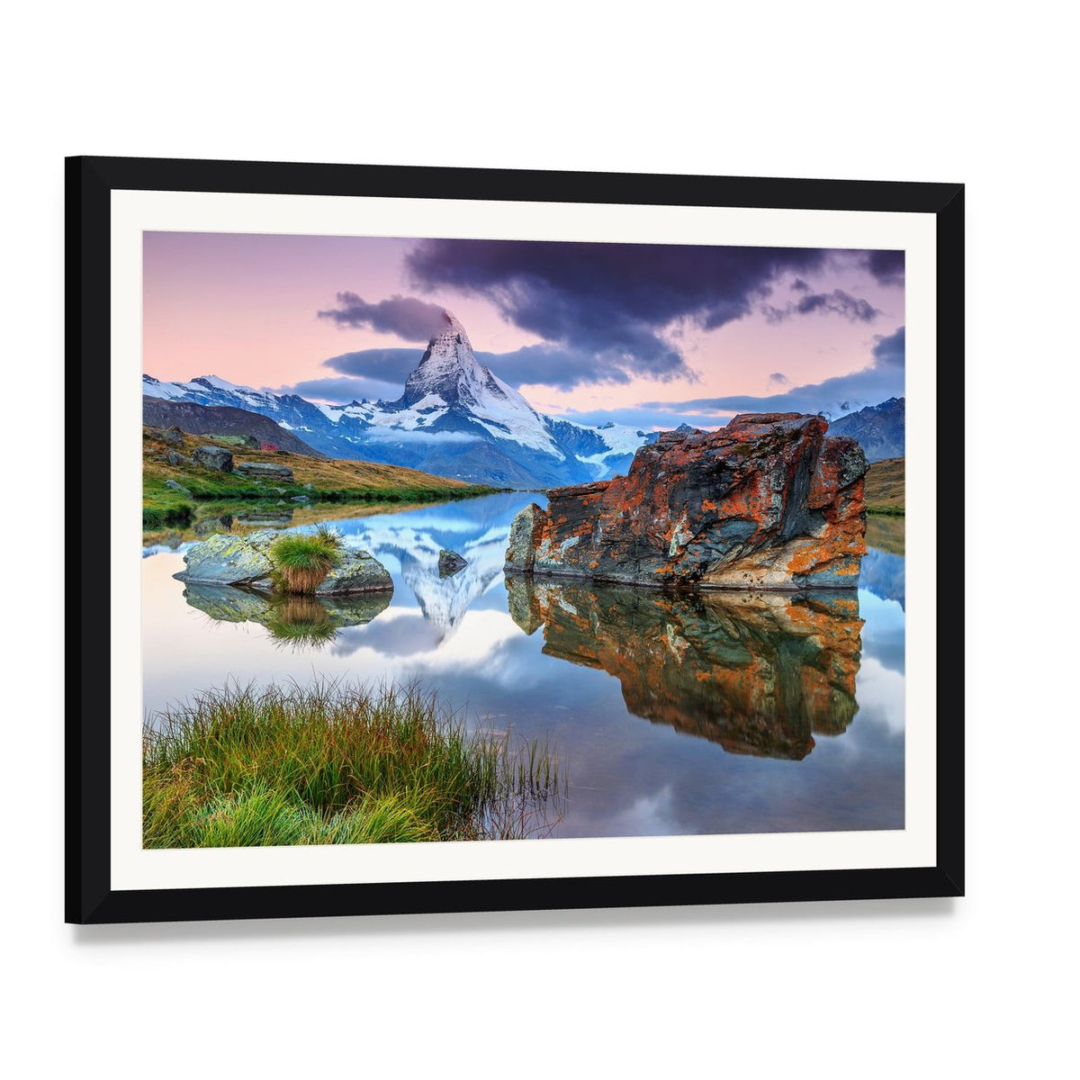 Alpine Lake and the Matterhorn Canvas Wall Art, framed print with white mat and black frame, angled product view
