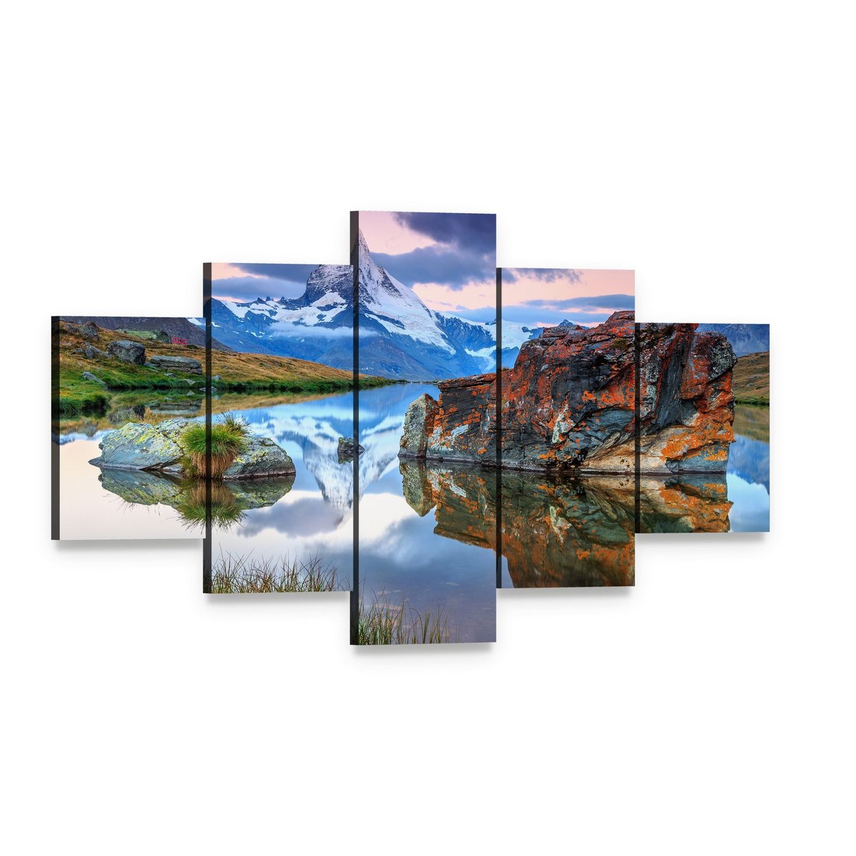 Alpine Lake and the Matterhorn Canvas Wall Art, 5 panel 5 Star layout gallery wrapped canvas set, angled product view