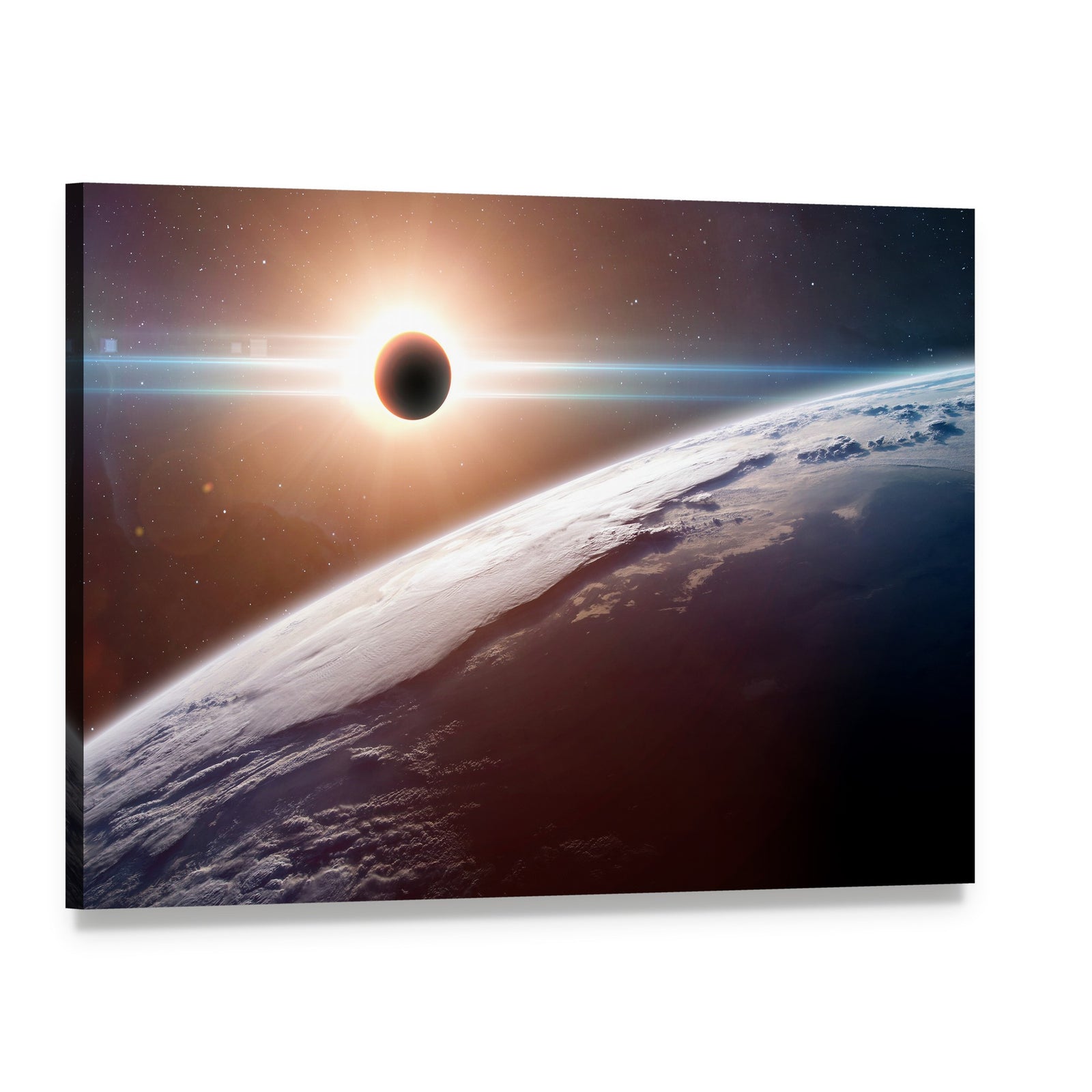 Moon Blocking Sunlight on Planet Earth Canvas Wall Art, single panel gallery wrapped canvas, angled product view