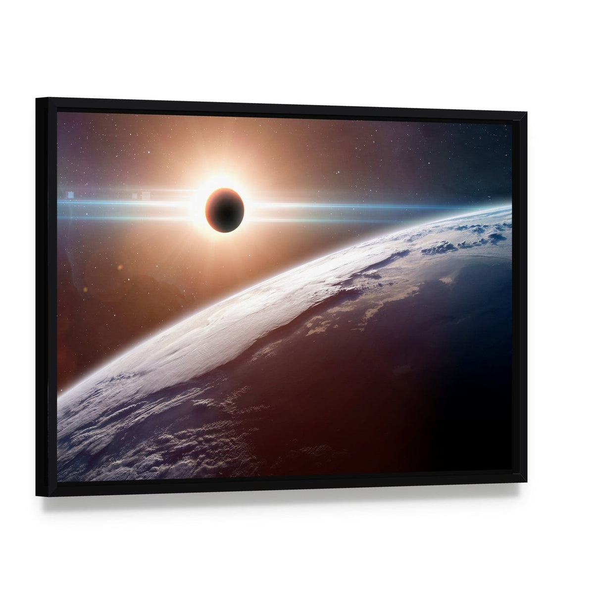 Moon Blocking Sunlight on Planet Earth Canvas Wall Art, framed canvas in a black floater frame, angled product view