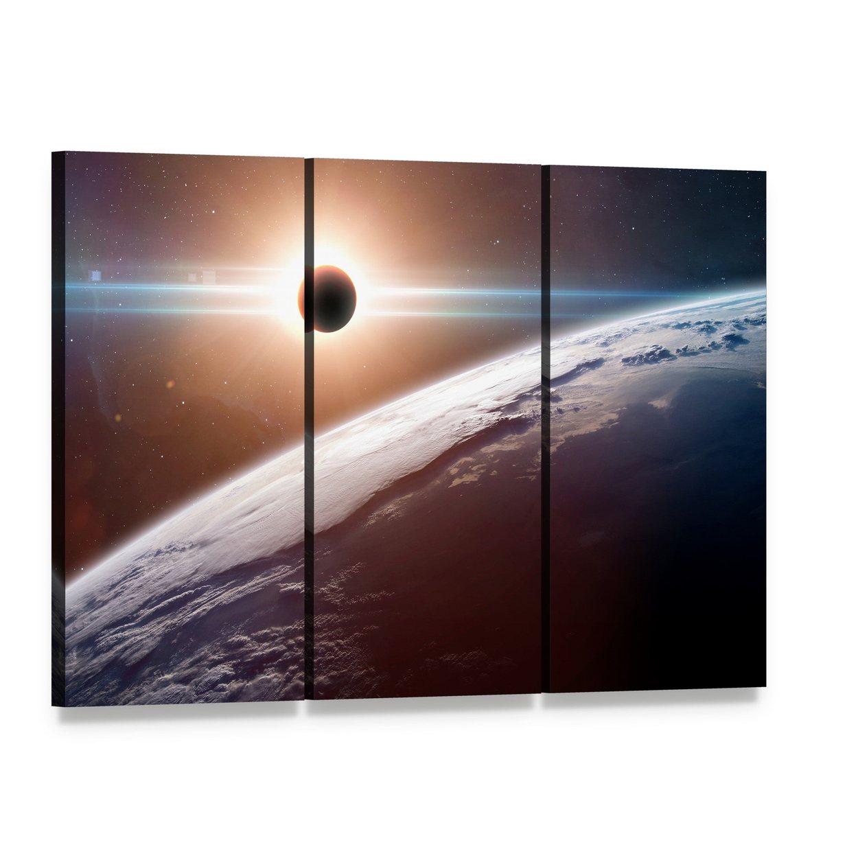 Moon Blocking Sunlight on Planet Earth Canvas Wall Art, 3 panel 3 Horizontal layout gallery wrapped canvas set, angled product view