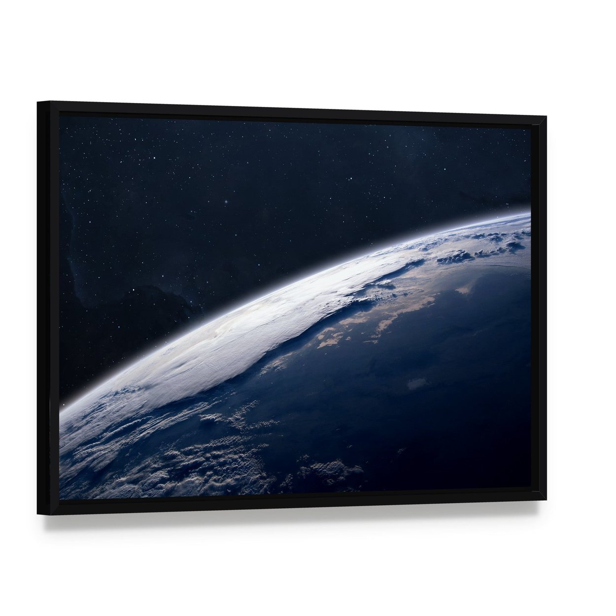 View of Earth from Space Canvas Wall Art, framed canvas in a black floater frame, angled product view
