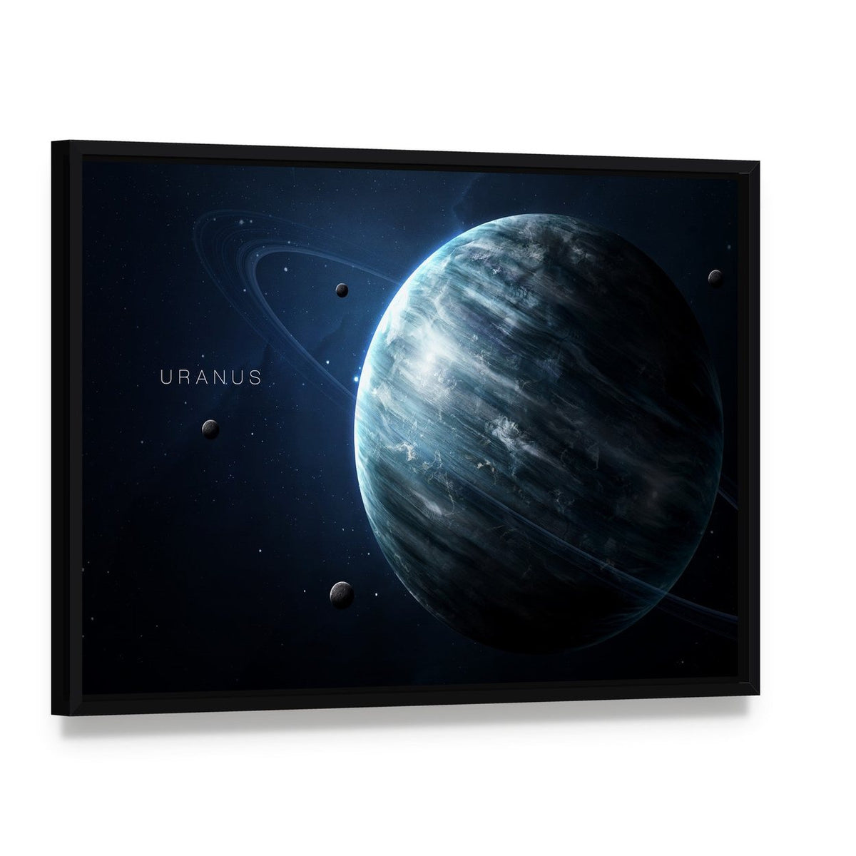 Uranus with Its Rings and Moons Canvas Wall Art, framed canvas in a black floater frame, angled product view