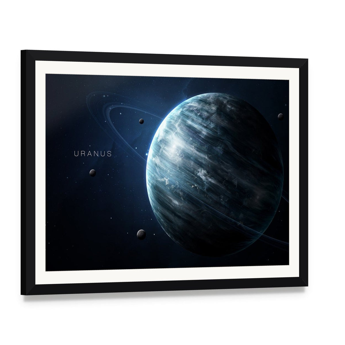 Uranus with Its Rings and Moons Canvas Wall Art, framed print with white mat and black frame, angled product view