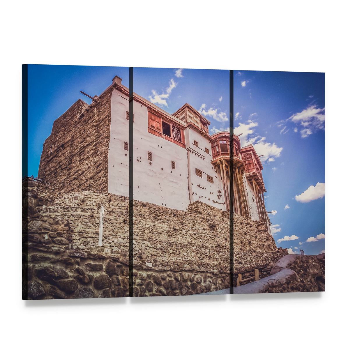 Baltit Fort Under Blue Sky Canvas Wall Art, 3 panel 3 Horizontal layout gallery wrapped canvas set, angled product view