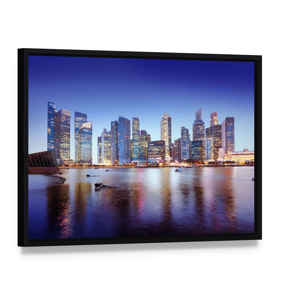 Singapore Cityscape Canvas Wall Art, framed canvas in a black floater frame, angled product view