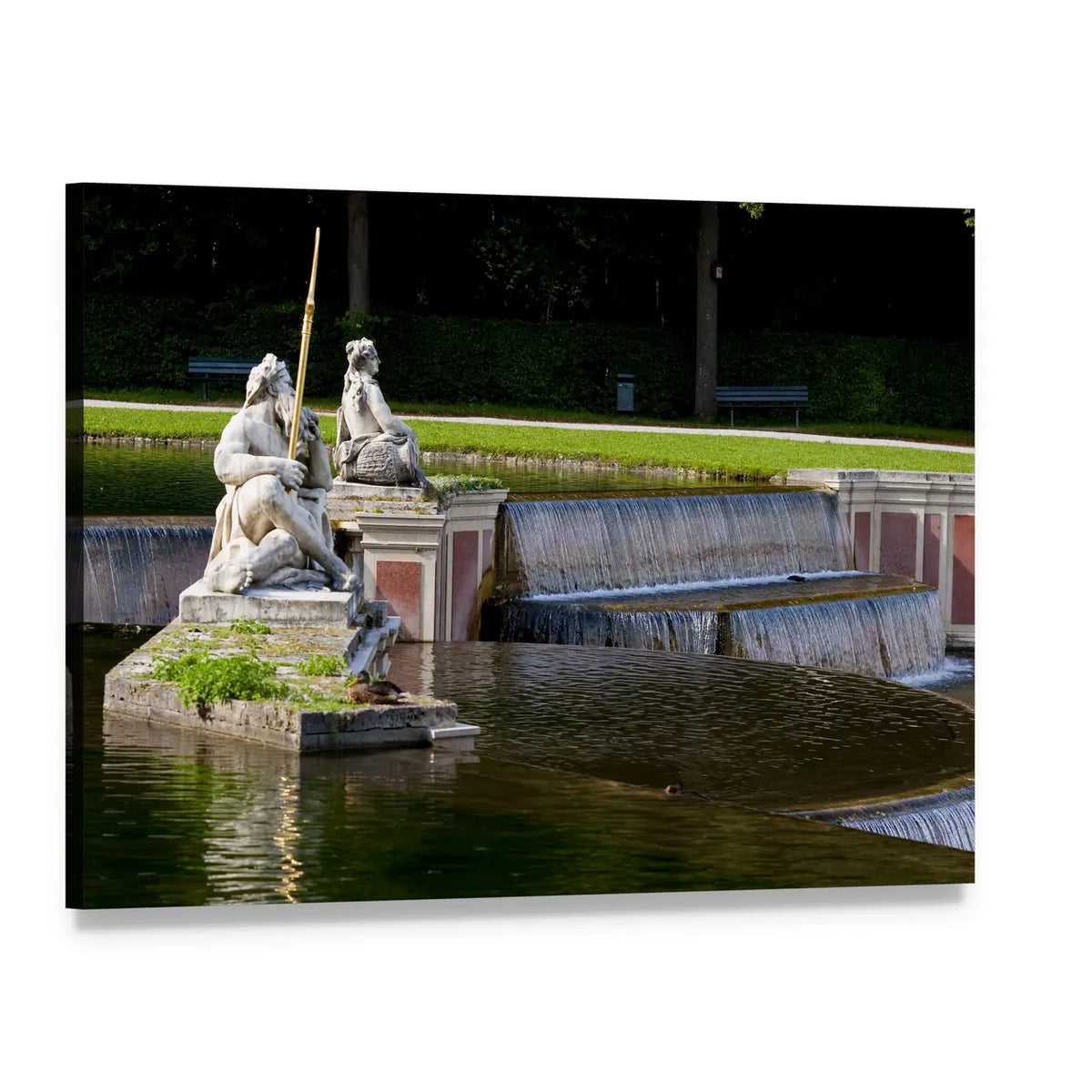 Nymphenburg Garden Statues and Pond Canvas Wall Art, single panel gallery wrapped canvas, angled product view