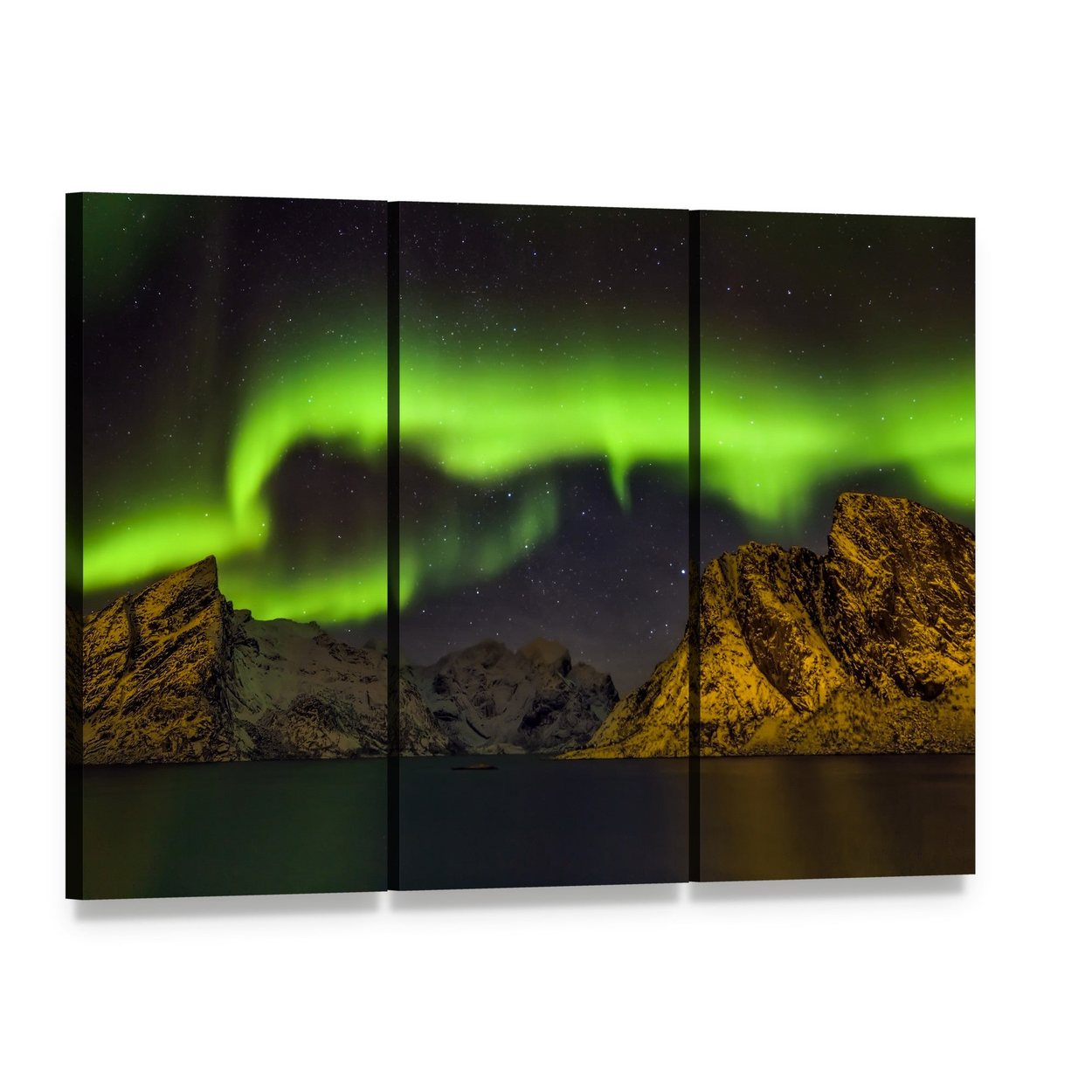 Aurora Borealis Lofoten Islands Canvas Wall Art, 3 panel 3 Horizontal layout gallery wrapped canvas set, angled product view