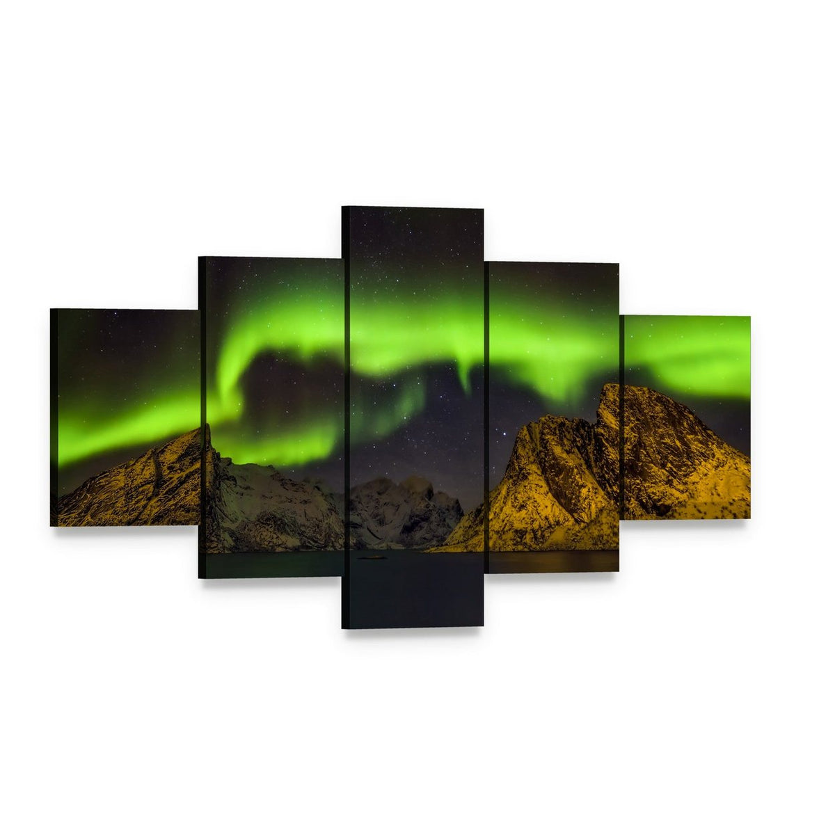 Aurora Borealis Lofoten Islands Canvas Wall Art, 5 panel 5 Star layout gallery wrapped canvas set, angled product view