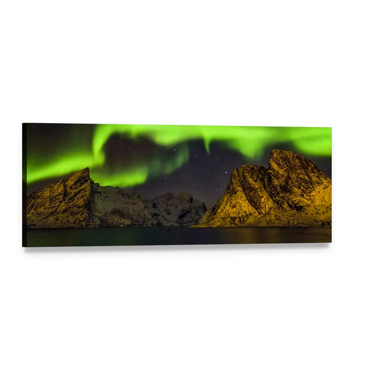 Aurora Over Lofoten Islands Panoramic Canvas Wall Art, single panel gallery wrapped canvas, angled product view