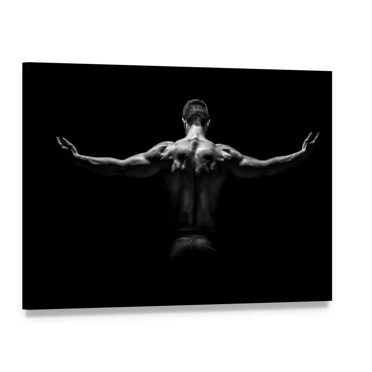 Black and White Muscular Man with Outstretched Arms Canvas Wall Art, single panel gallery wrapped canvas, angled product view