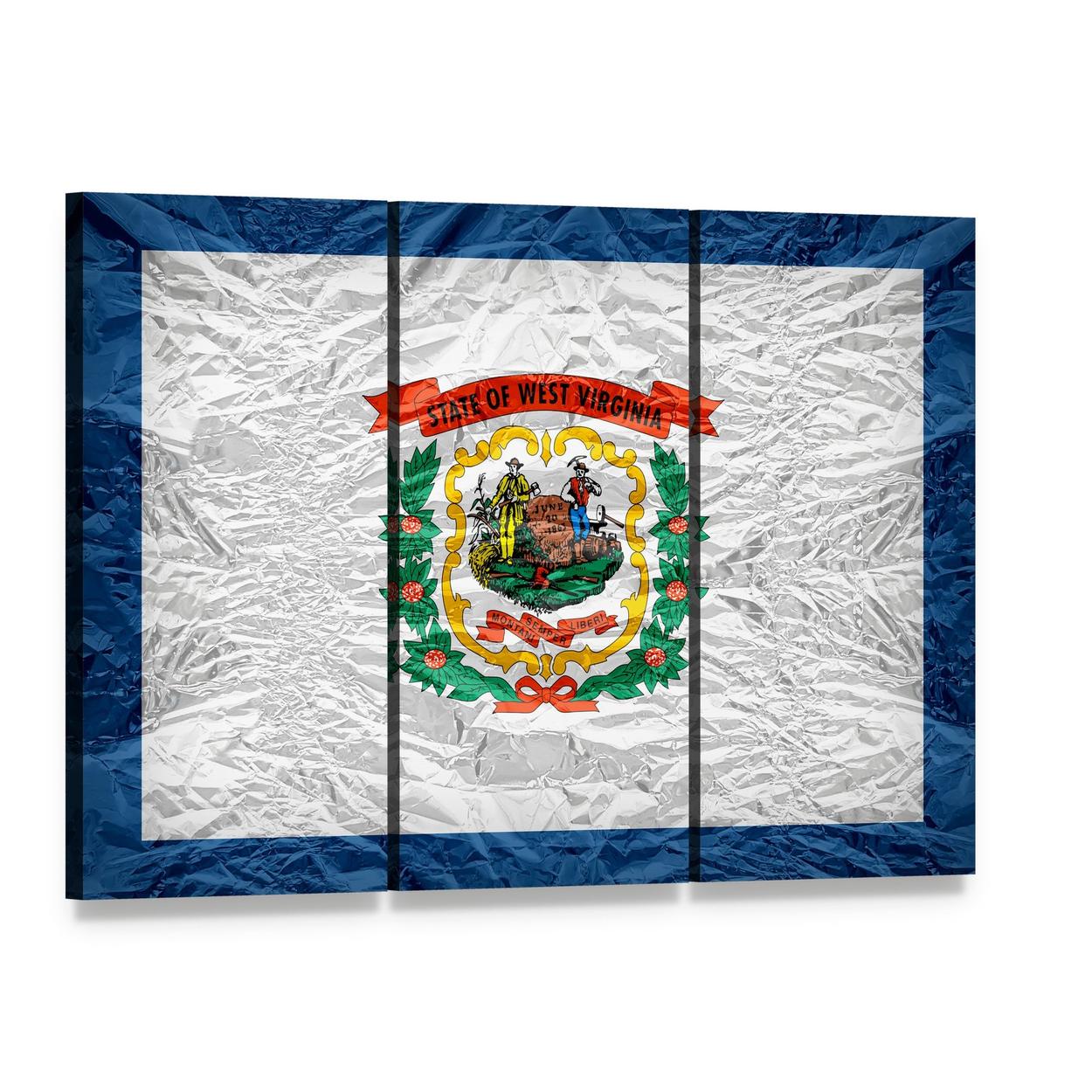 West Virginia State Flag Vintage Print Canvas Wall Art, 3 panel 3 Horizontal layout gallery wrapped canvas set, angled product view
