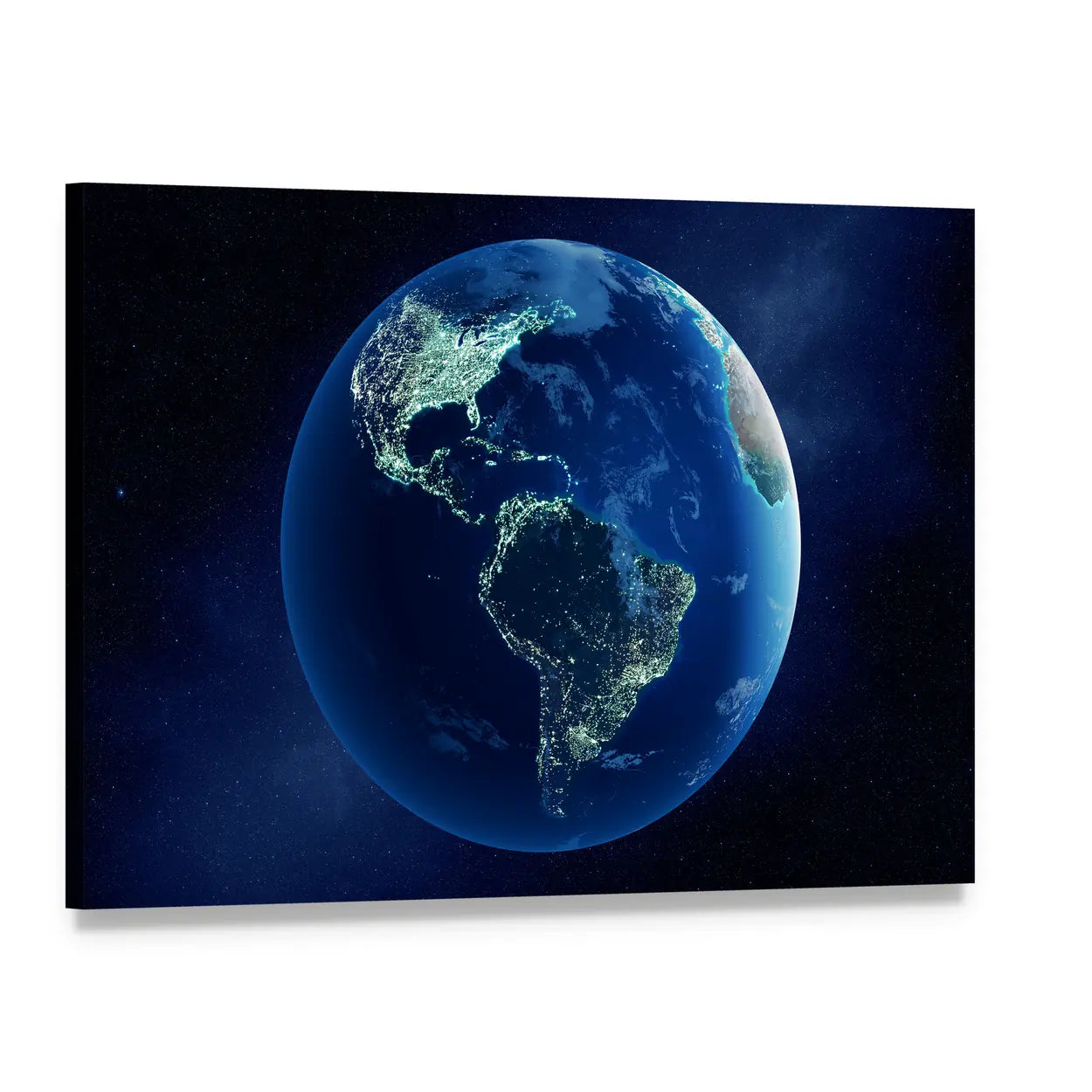 Earth from Space with City Lights Canvas Wall Art, single panel gallery wrapped canvas, angled product view