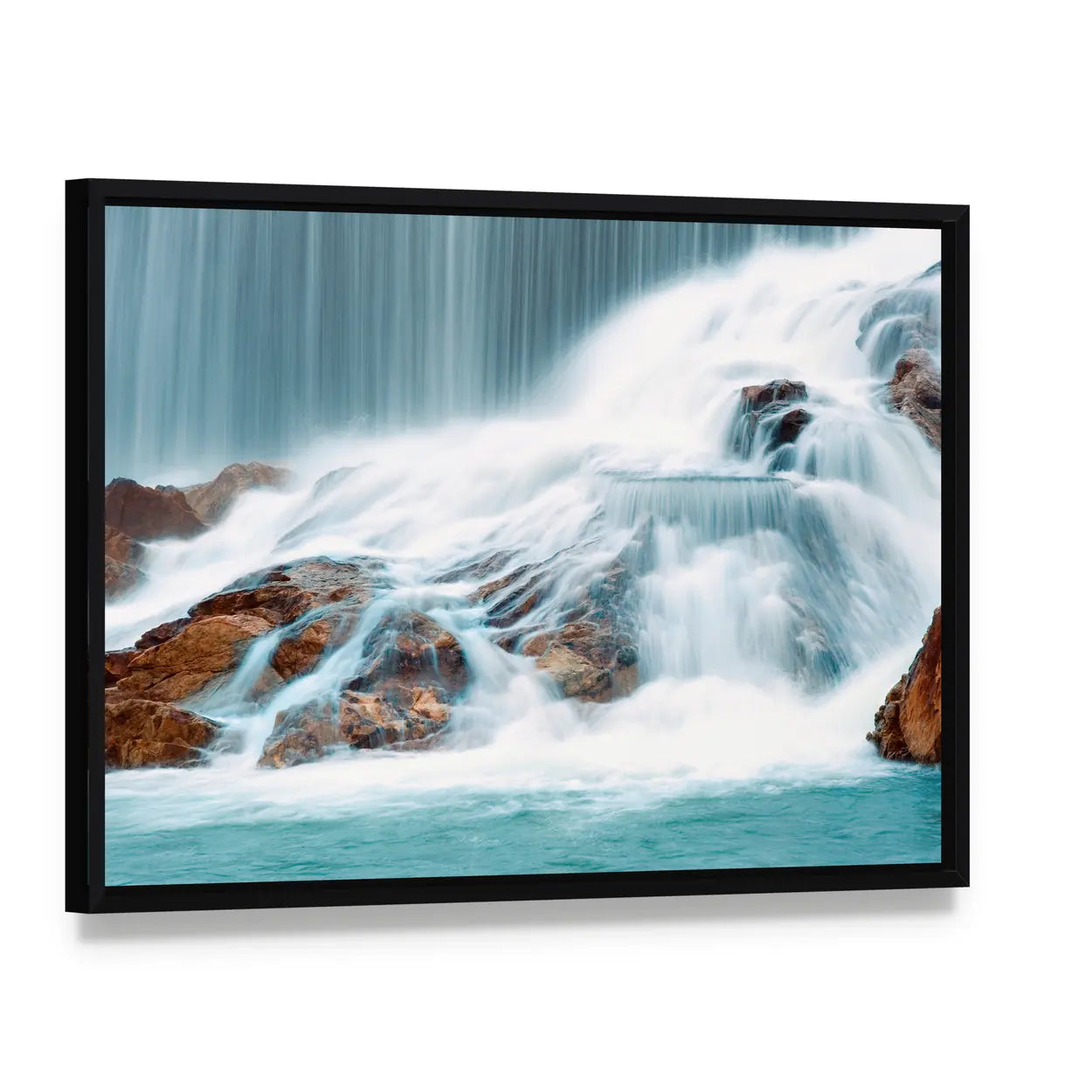 Ningbo Waterfall In China Canvas Wall Art, framed canvas in a black floater frame, angled product view
