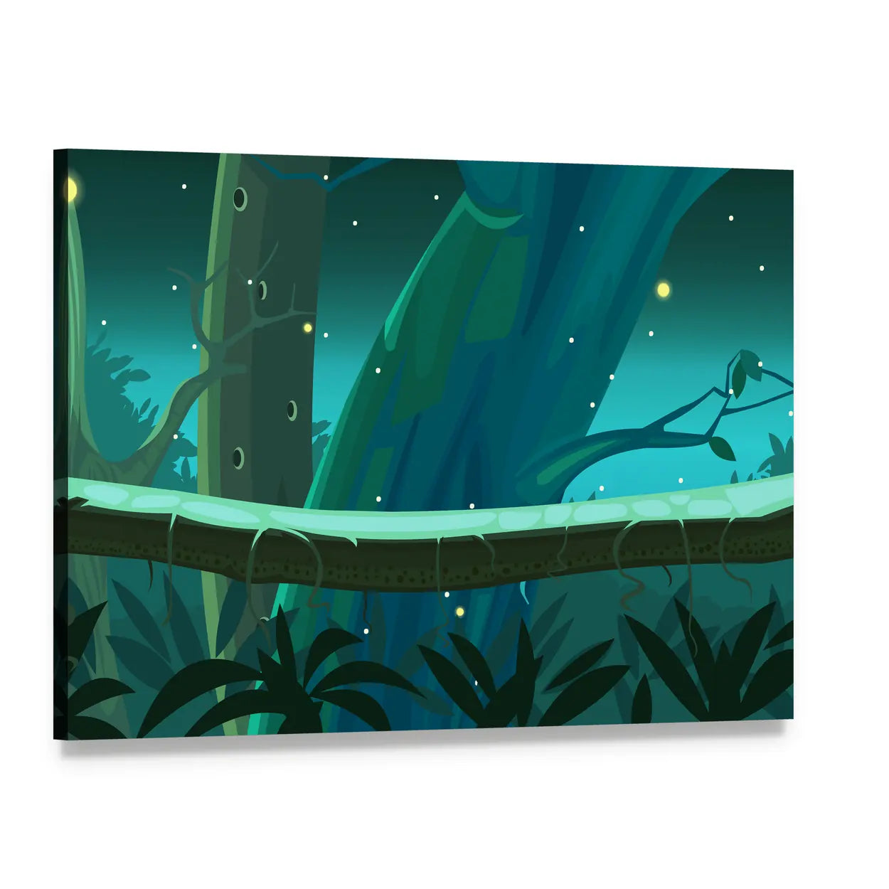 Mossy Tree Trunk with Glowing Fireflies Canvas Wall Art, single panel gallery wrapped canvas, angled product view