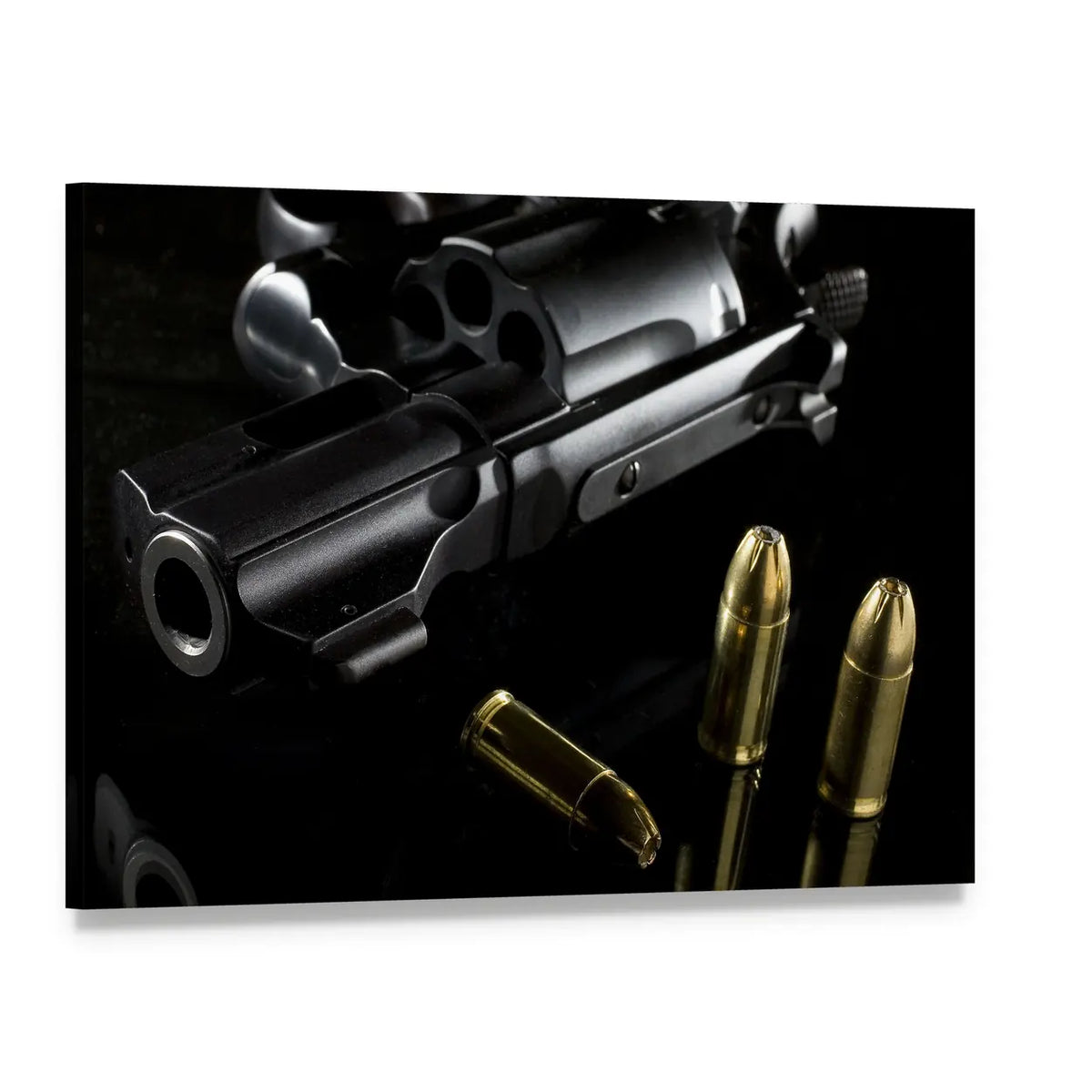 Black Revolver with Bullets Canvas Wall Art, single panel gallery wrapped canvas, angled product view