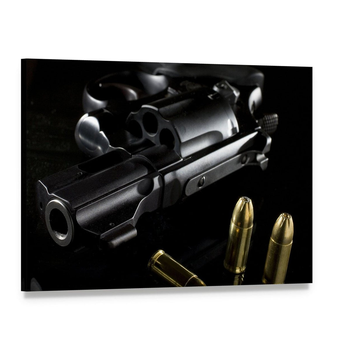 Black Revolver with Bullets Canvas Wall Art, single panel gallery wrapped canvas, angled product view