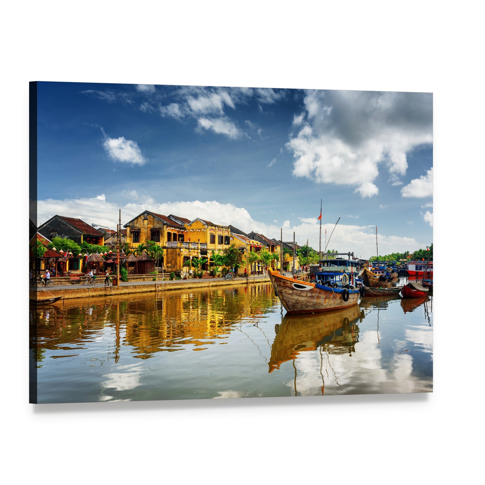 Wooden Boats on Thu Bon River Canvas Wall Art, single panel gallery wrapped canvas, angled product view