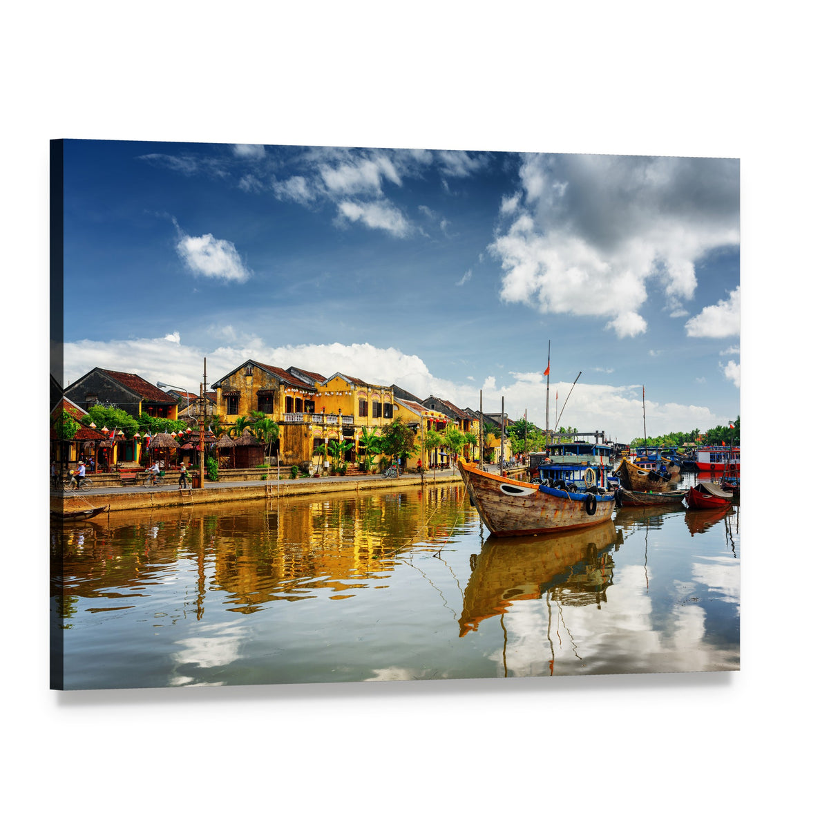 Wooden Boats on Thu Bon River Canvas Wall Art, single panel gallery wrapped canvas, angled product view
