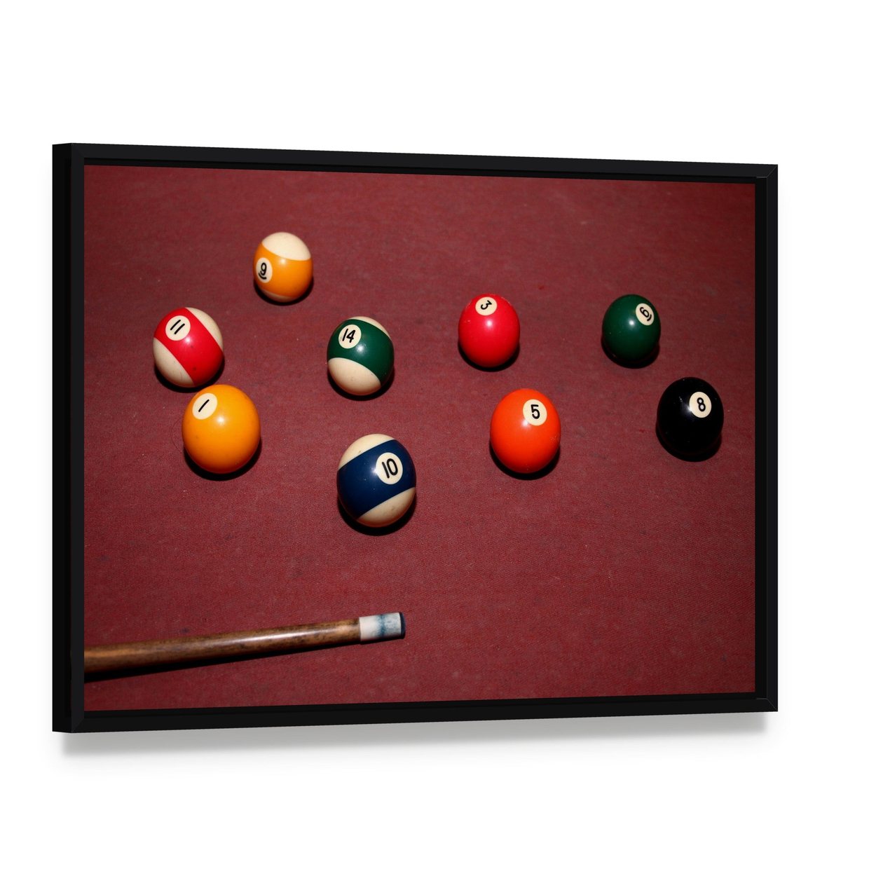 Snooker Pool Canvas Wall Art, framed canvas in a black floater frame, angled product view