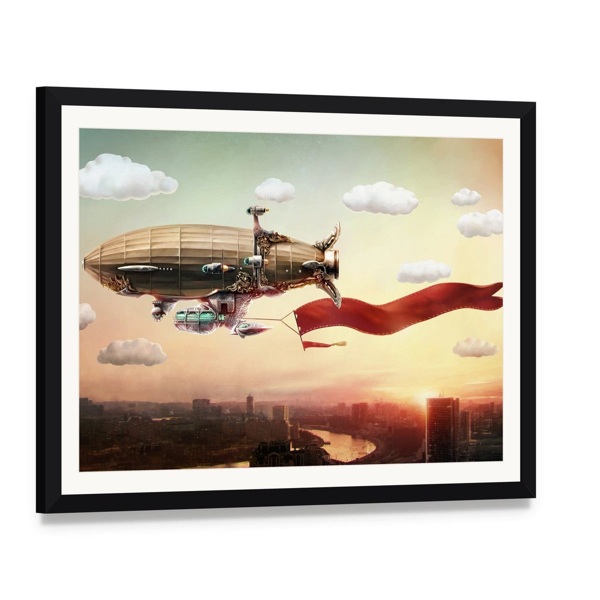 Steampunk Dirigible with Red Banner Canvas Wall Art, framed print with white mat and black frame, angled product view
