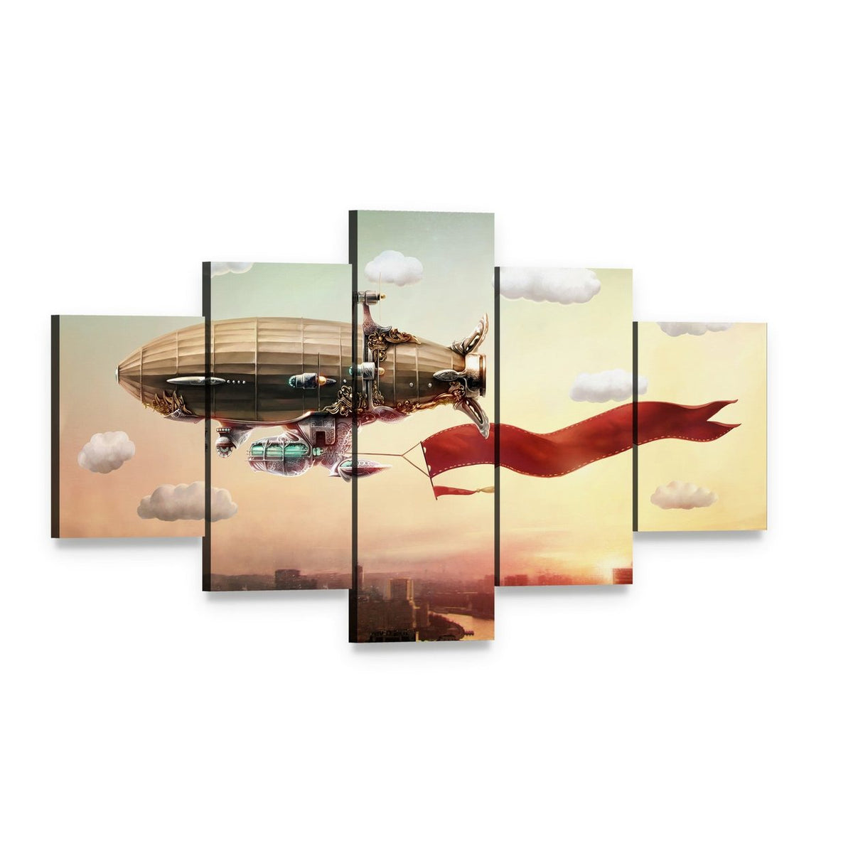 Steampunk Dirigible with Red Banner Canvas Wall Art, 5 panel 5 Star layout gallery wrapped canvas set, angled product view