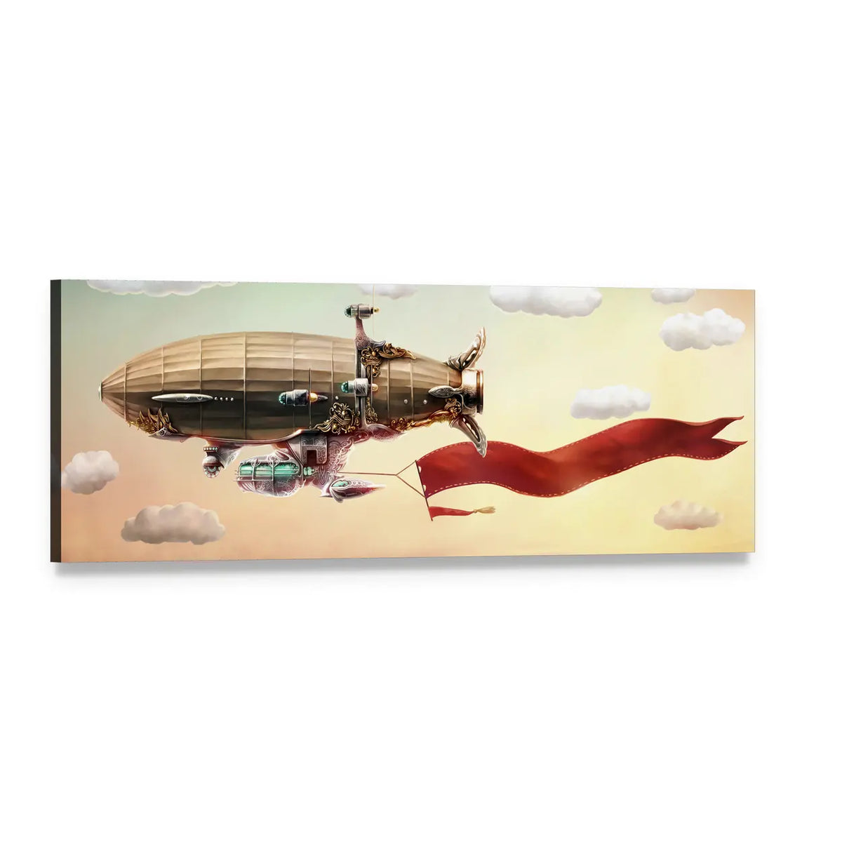 Dirigible with Red Banner Panoramic Canvas Wall Art, single panel gallery wrapped canvas, angled product view
