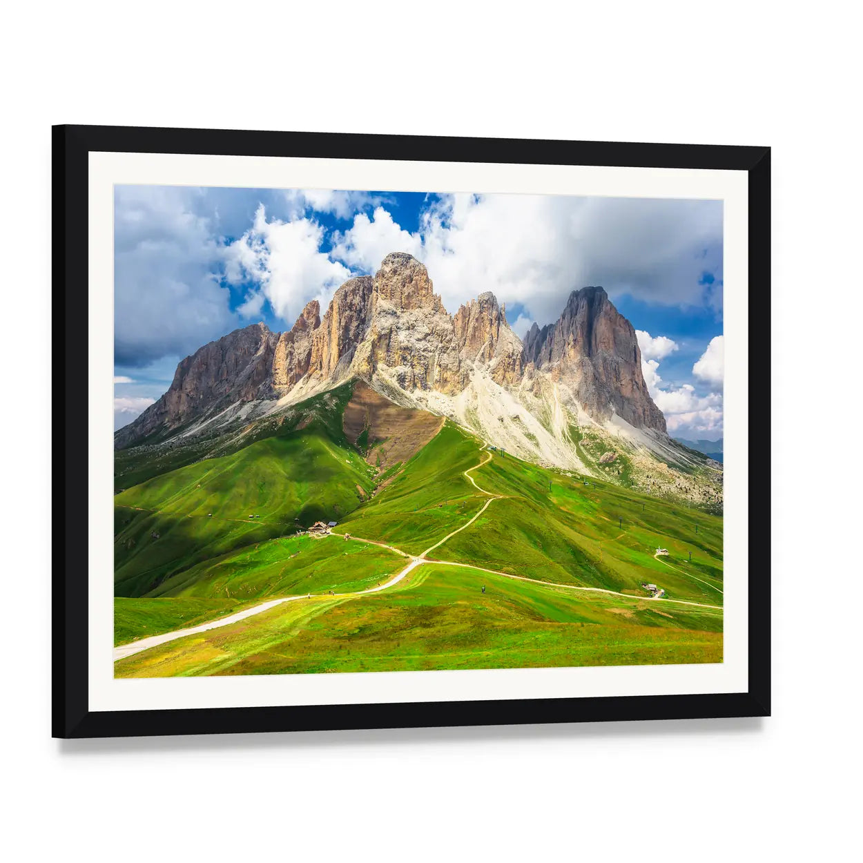 Mountain Range Landscape Canvas Wall Art, framed print with white mat and black frame, angled product view