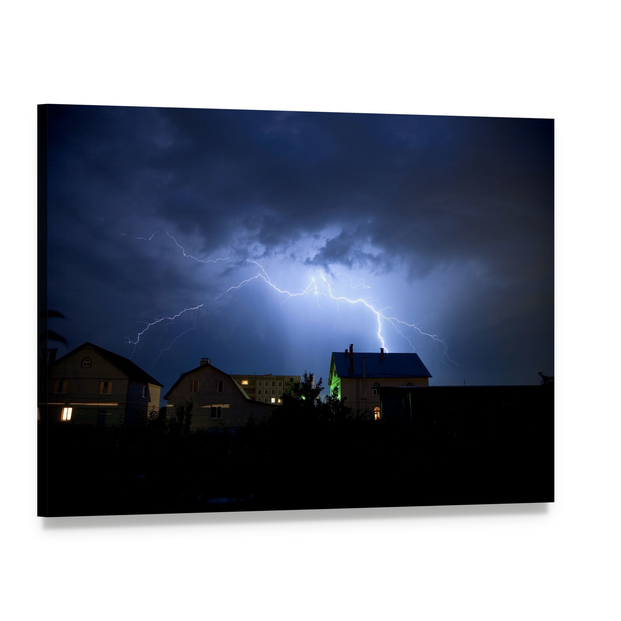 Dramatic Lightning Over Village at Night Canvas Wall Art, single panel gallery wrapped canvas, angled product view