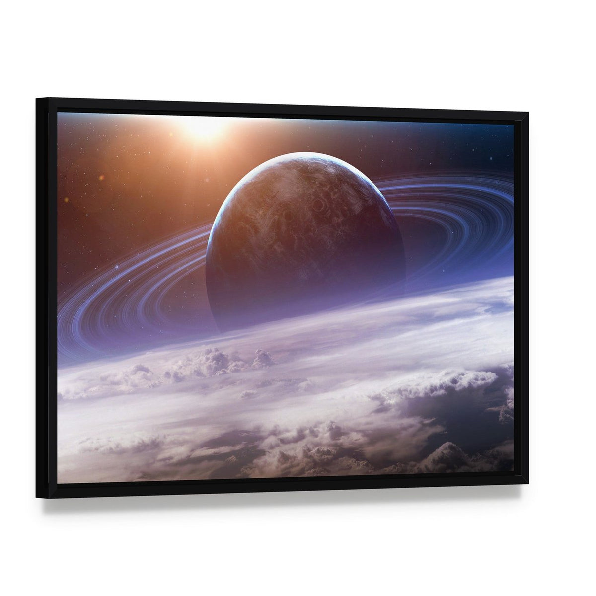 Planet with Rings View from Earth Canvas Wall Art, framed canvas in a black floater frame, angled product view