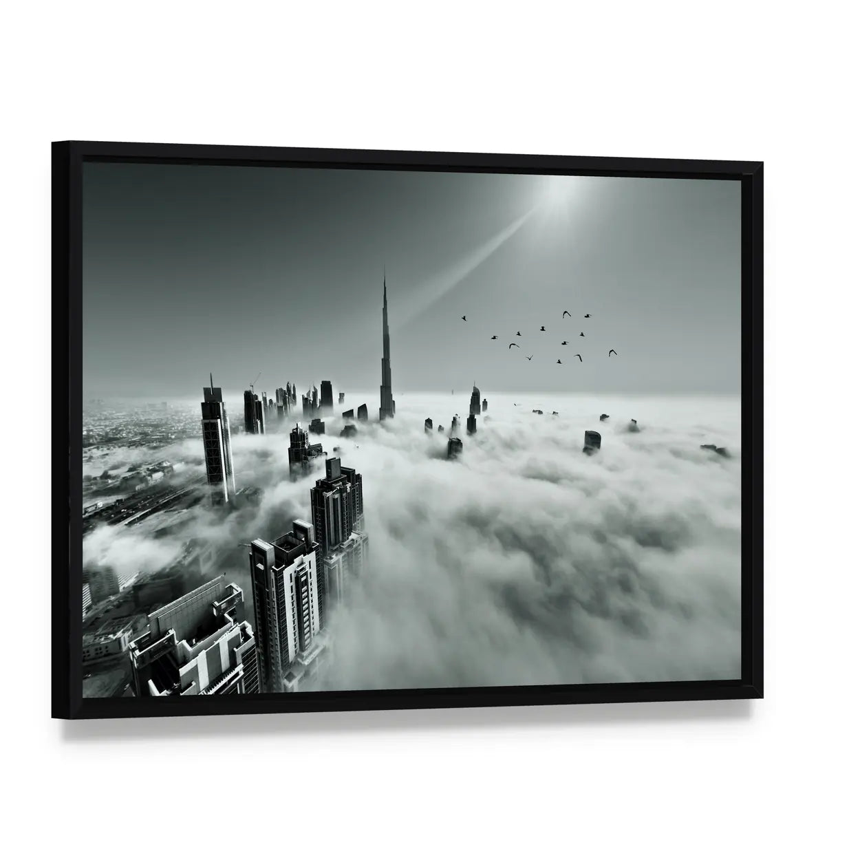Dubai Downtown In Dense Fog Canvas Wall Art, framed canvas in a black floater frame, angled product view