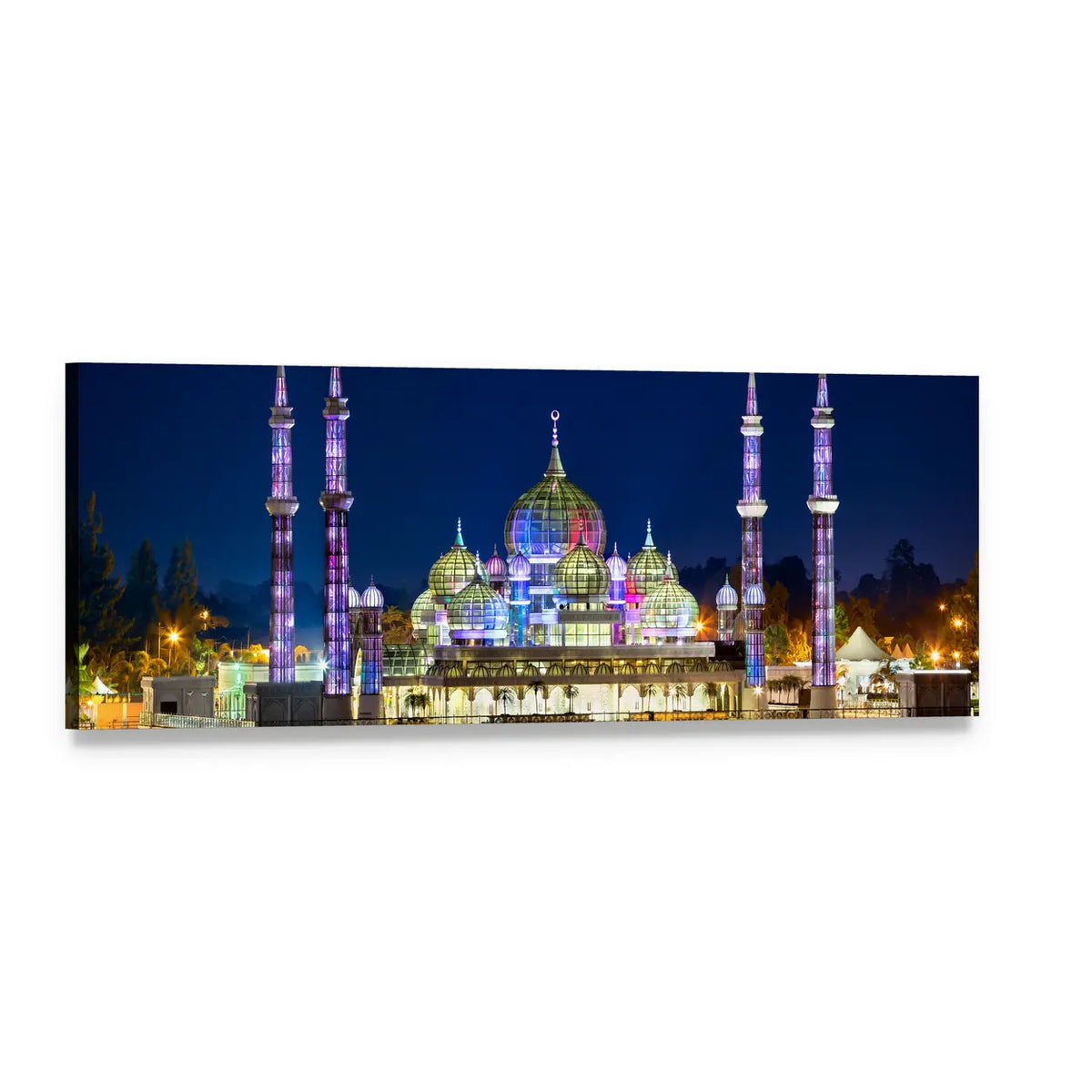 Crystal Mosque at Night, Terengganu Panoramic Canvas Wall Art, single panel gallery wrapped canvas, angled product view