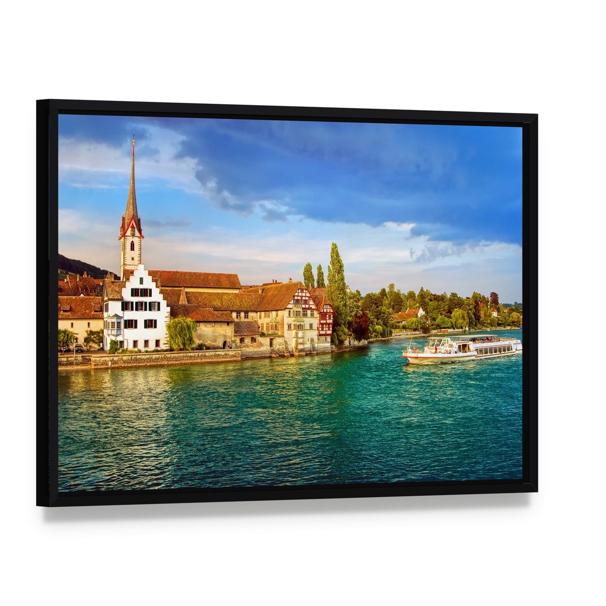 Cruise Ship in Rhine River Canvas Wall Art, framed canvas in a black floater frame, angled product view