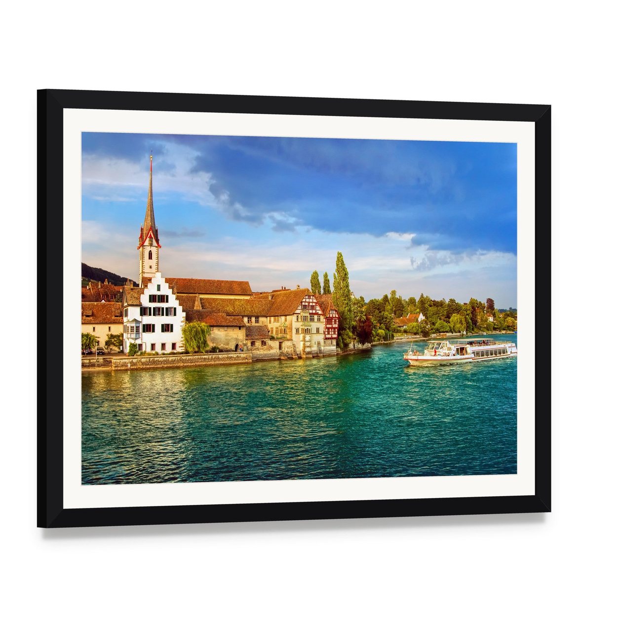 Cruise Ship in Rhine River Canvas Wall Art, framed print with white mat and black frame, angled product view
