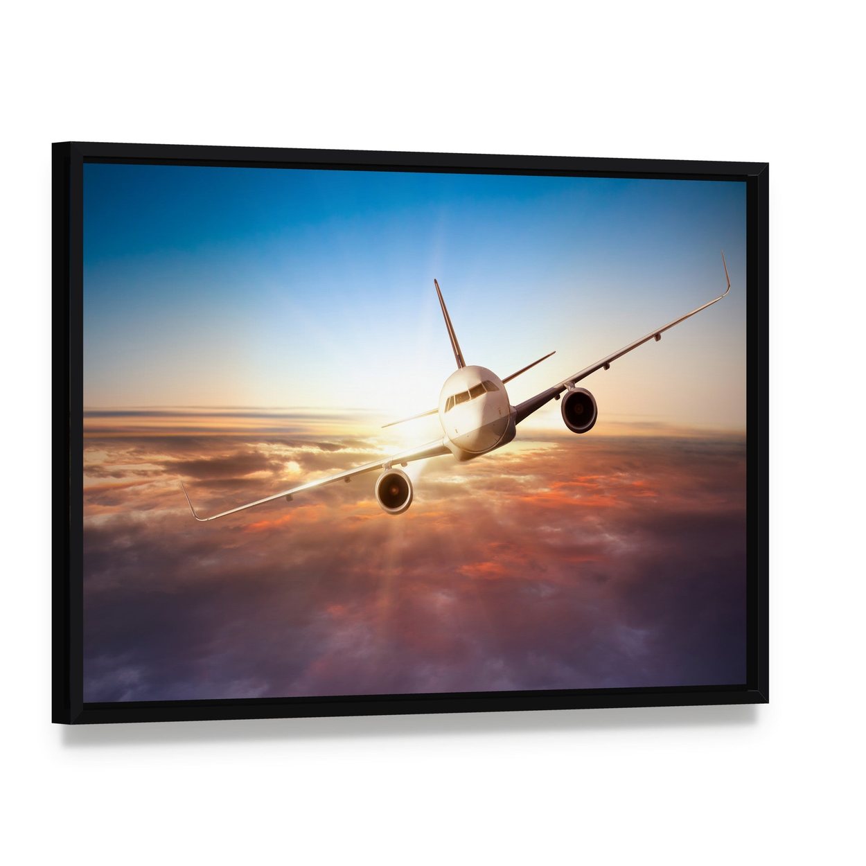 Commercial Airplane Canvas Wall Art, framed canvas in a black floater frame, angled product view
