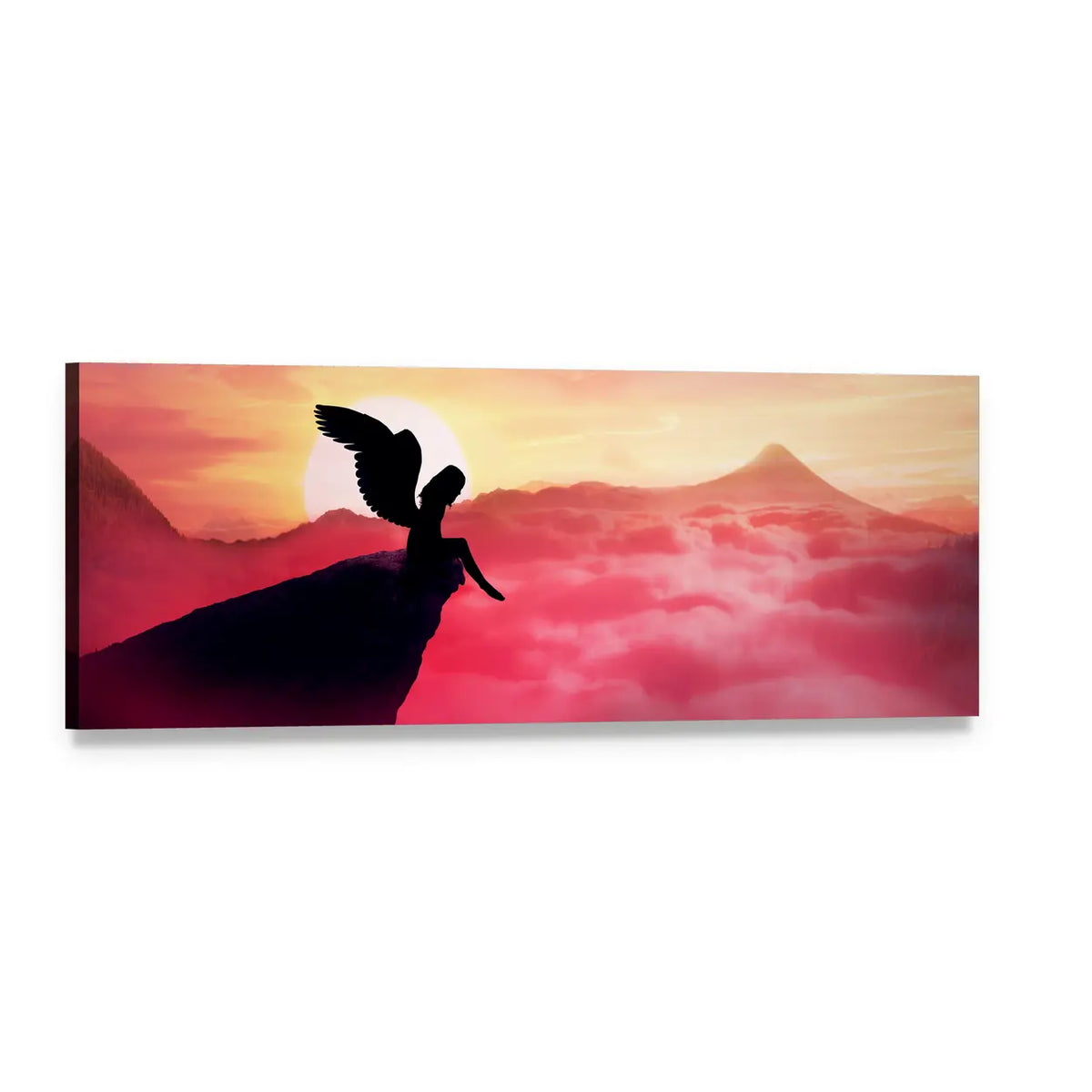 Seated Winged Figure on Cliff at Sunset Panoramic Canvas Wall Art, single panel gallery wrapped canvas, angled product view