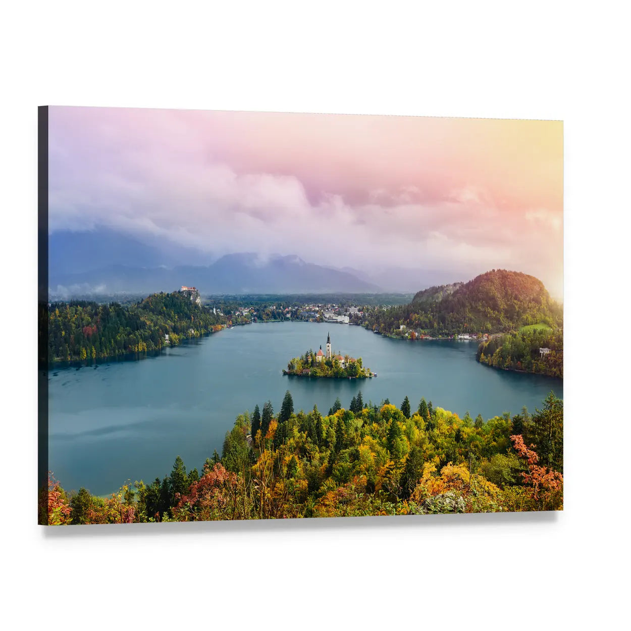 Lake Bled Island with Church and Castle Canvas Wall Art, single panel gallery wrapped canvas, angled product view