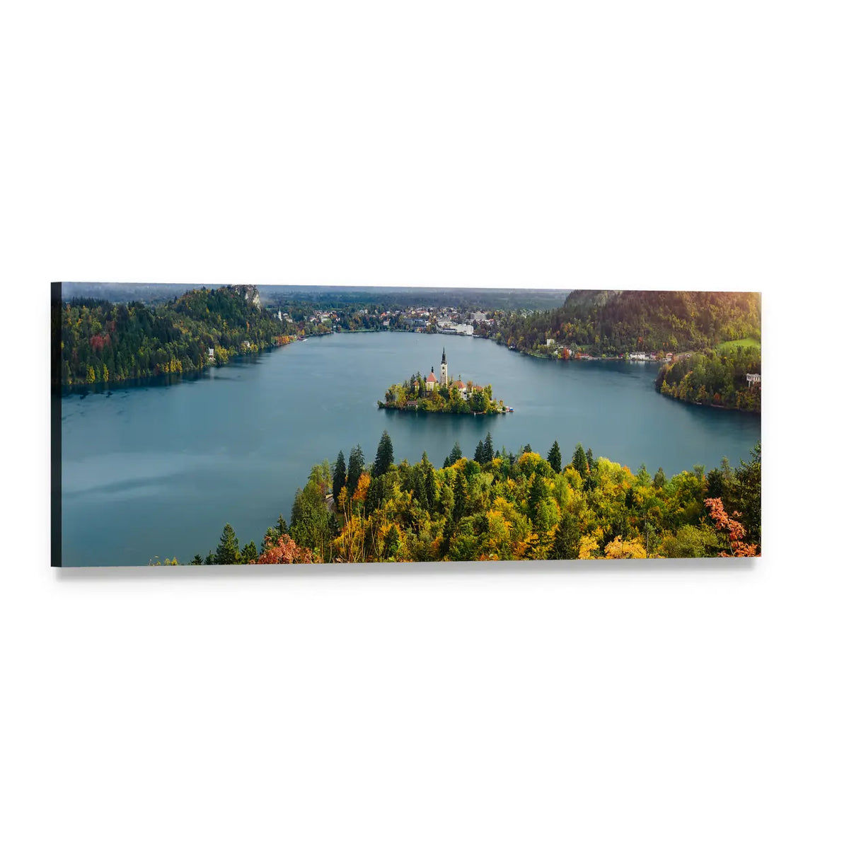 Lake Bled Island and Church Steeple Panoramic Canvas Wall Art, single panel gallery wrapped canvas, angled product view