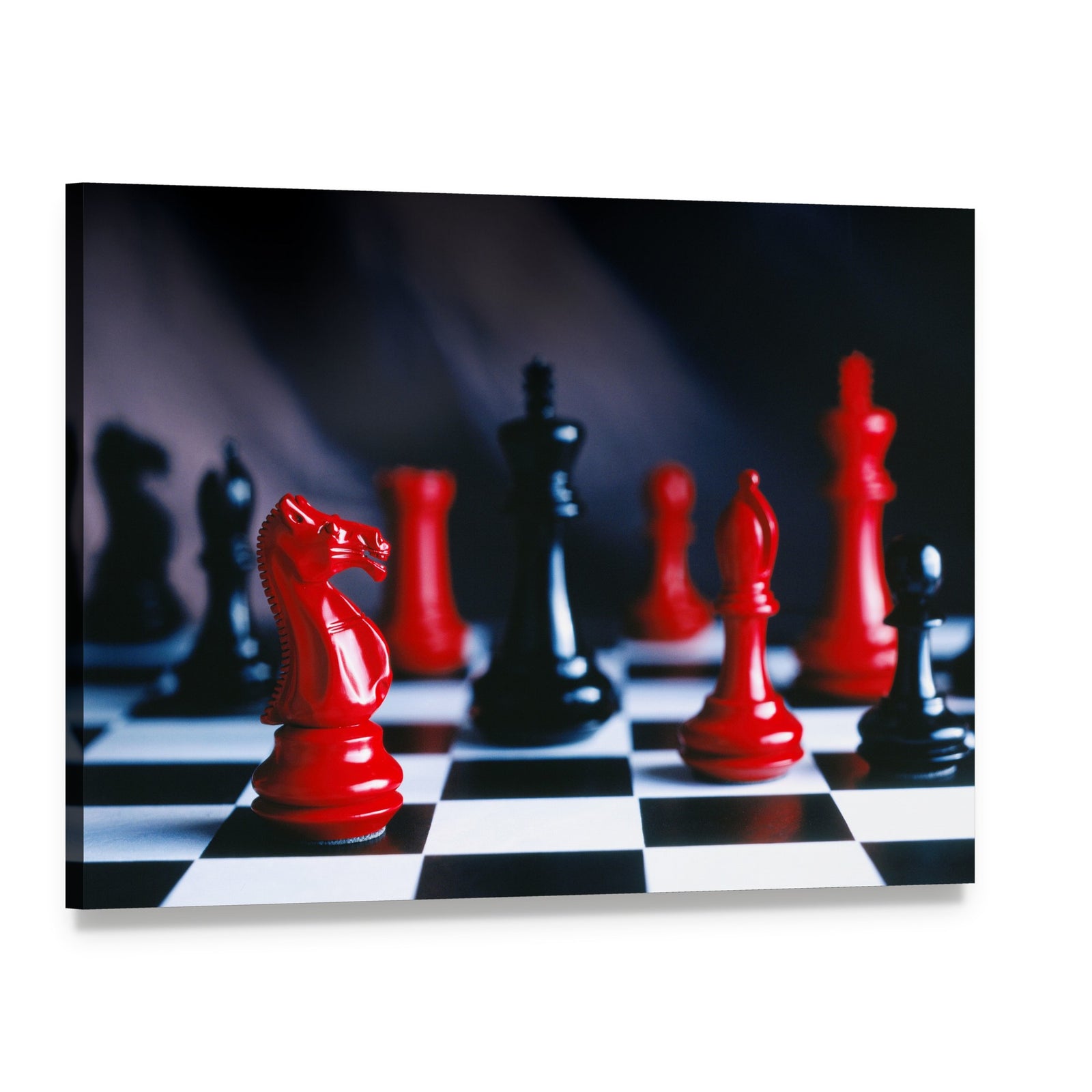 Red and Black Chess Pieces and Board Canvas Wall Art, single panel gallery wrapped canvas, angled product view