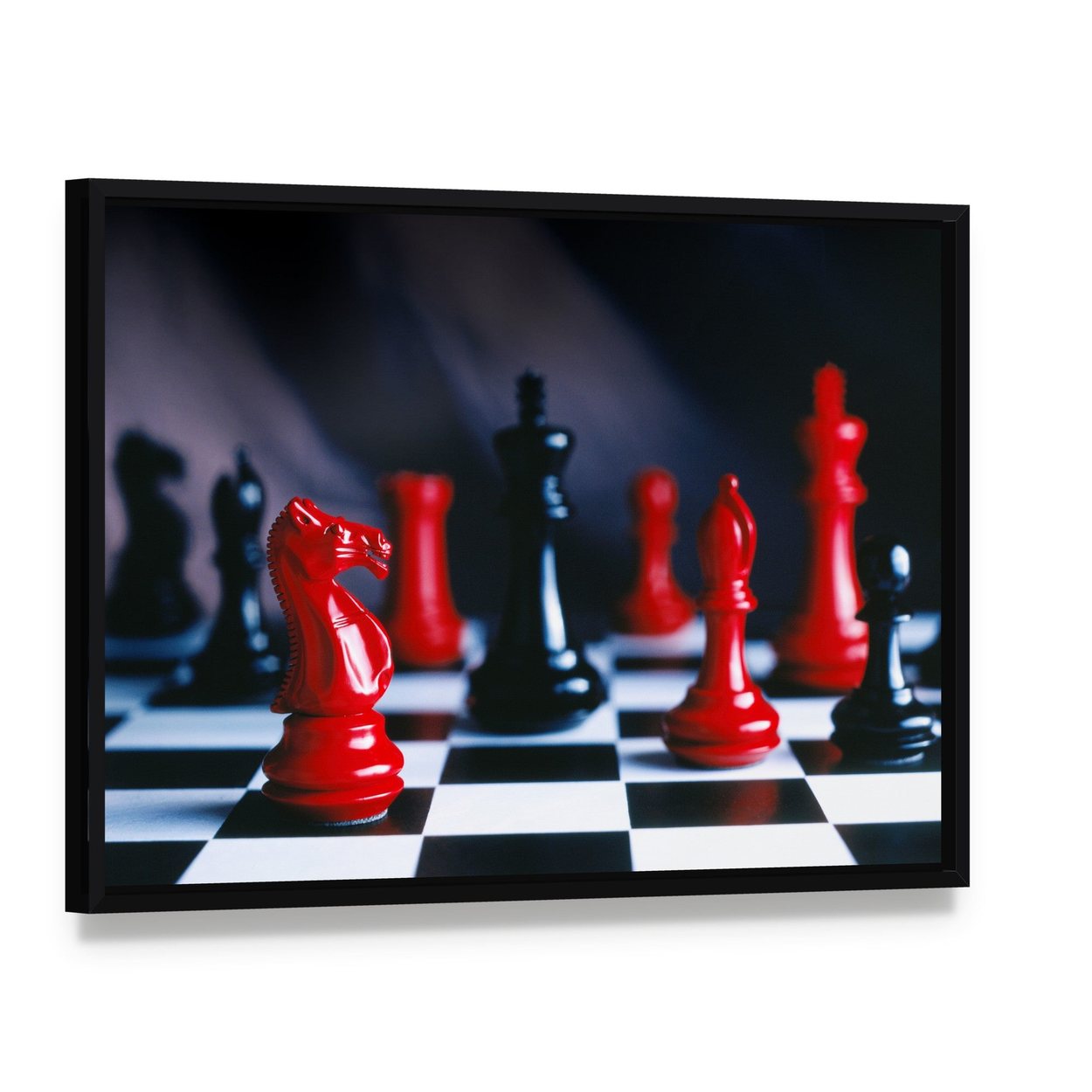 Red and Black Chess Pieces and Board Canvas Wall Art, framed canvas in a black floater frame, angled product view