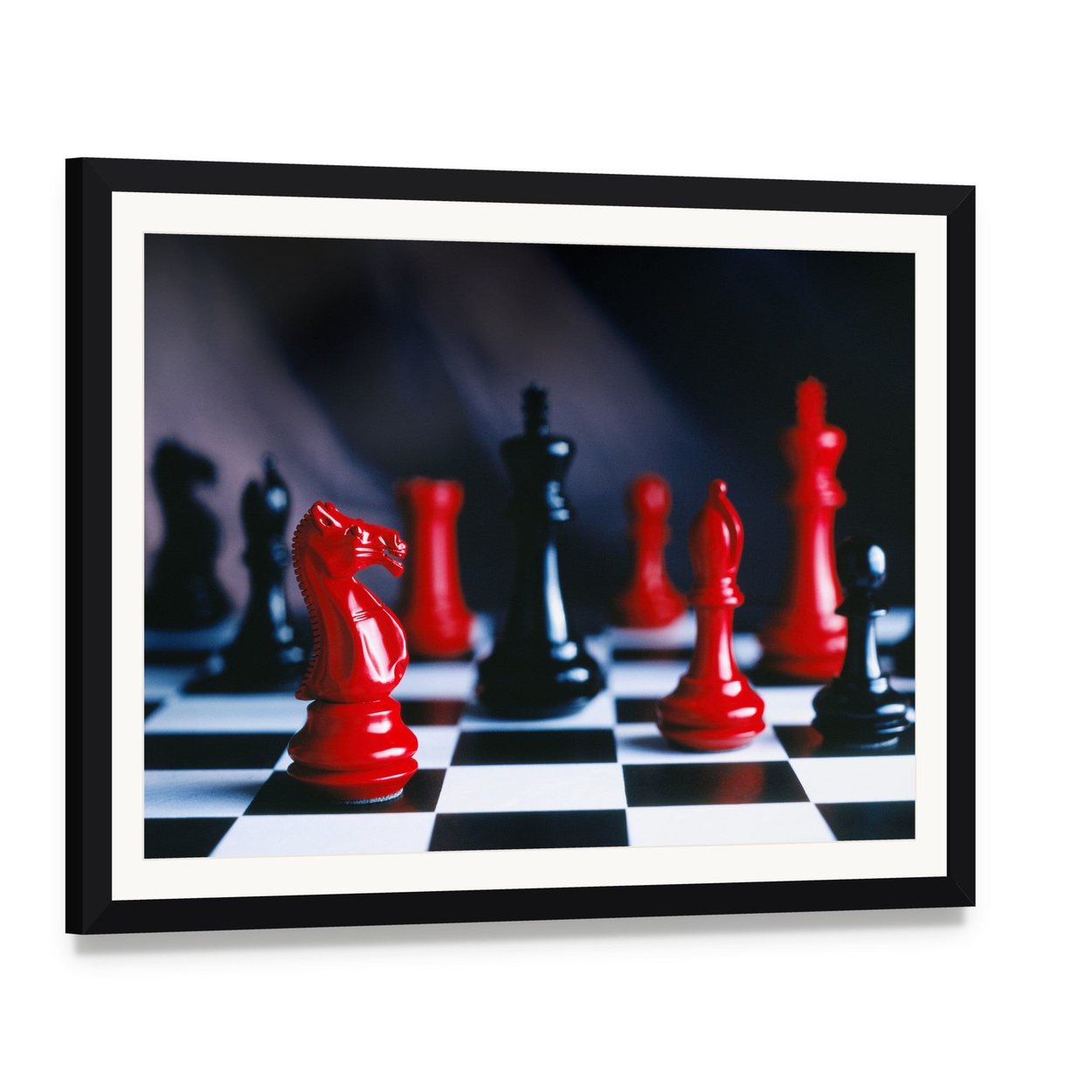 Red and Black Chess Pieces and Board Canvas Wall Art, framed print with white mat and black frame, angled product view
