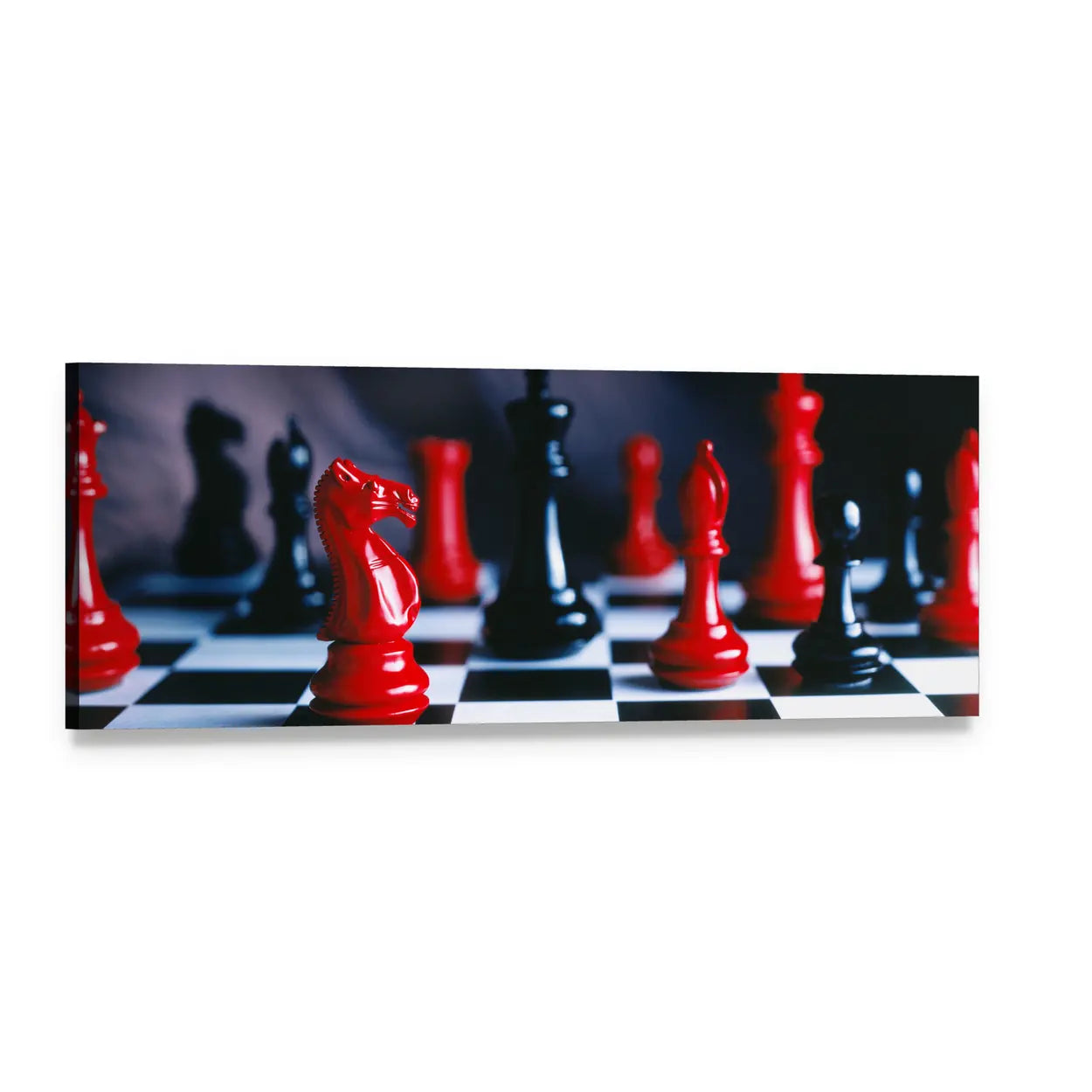 Red and Black Chess Pieces Panoramic Canvas Wall Art, single panel gallery wrapped canvas, angled product view