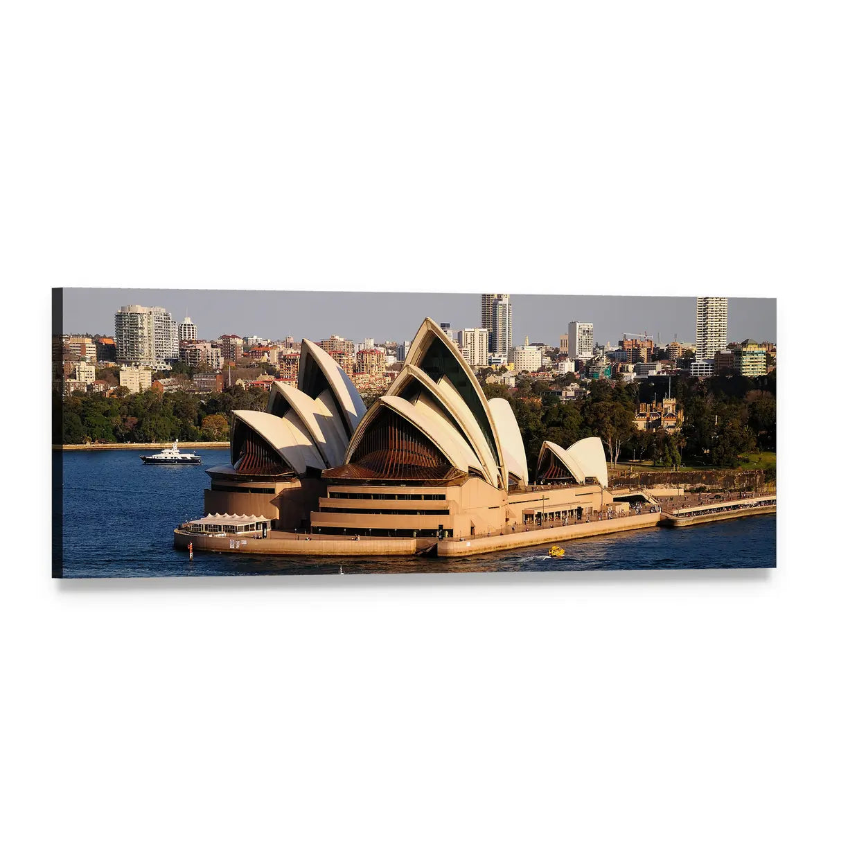 Sydney Opera House and Harbor Skyline Panoramic Canvas Wall Art, single panel gallery wrapped canvas, angled product view