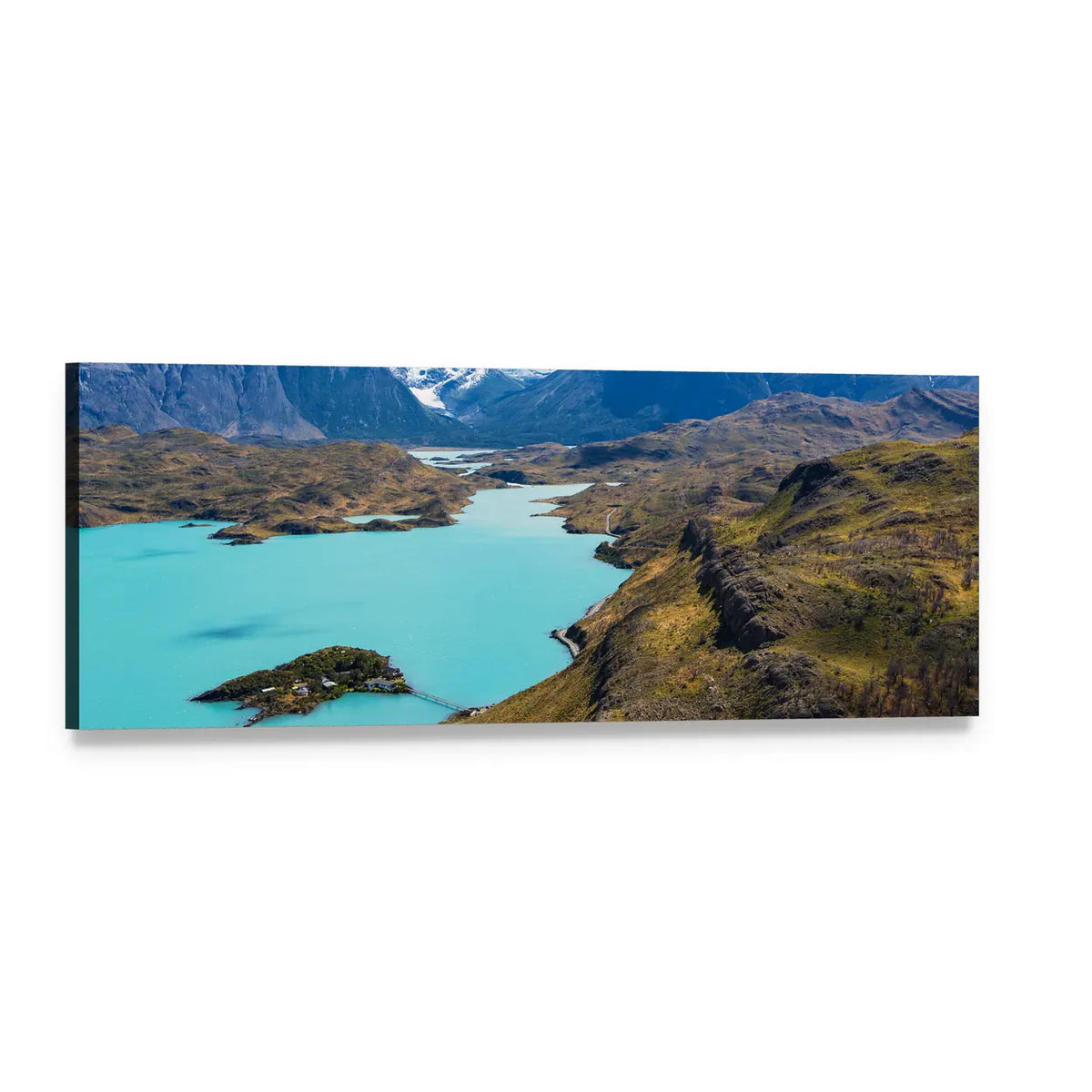 Cuernos Del Paine Mountain Vista Panoramic Canvas Wall Art, single panel gallery wrapped canvas, angled product view