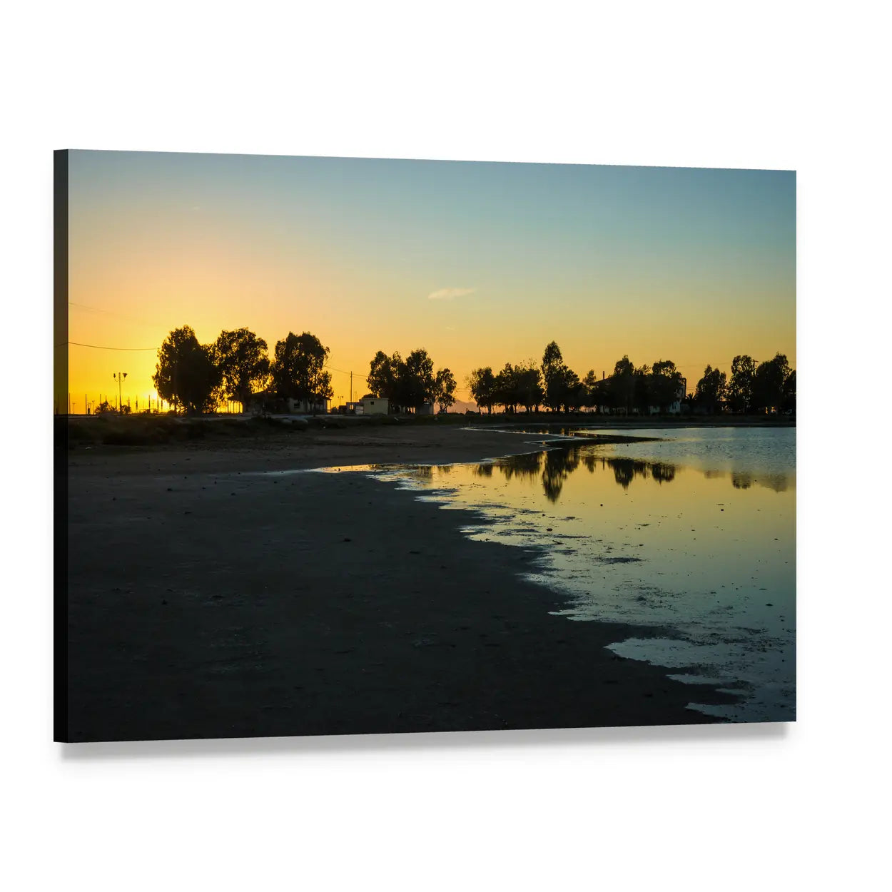 Lakeside Sunset with Silhouetted Trees Canvas Wall Art, single panel gallery wrapped canvas, angled product view