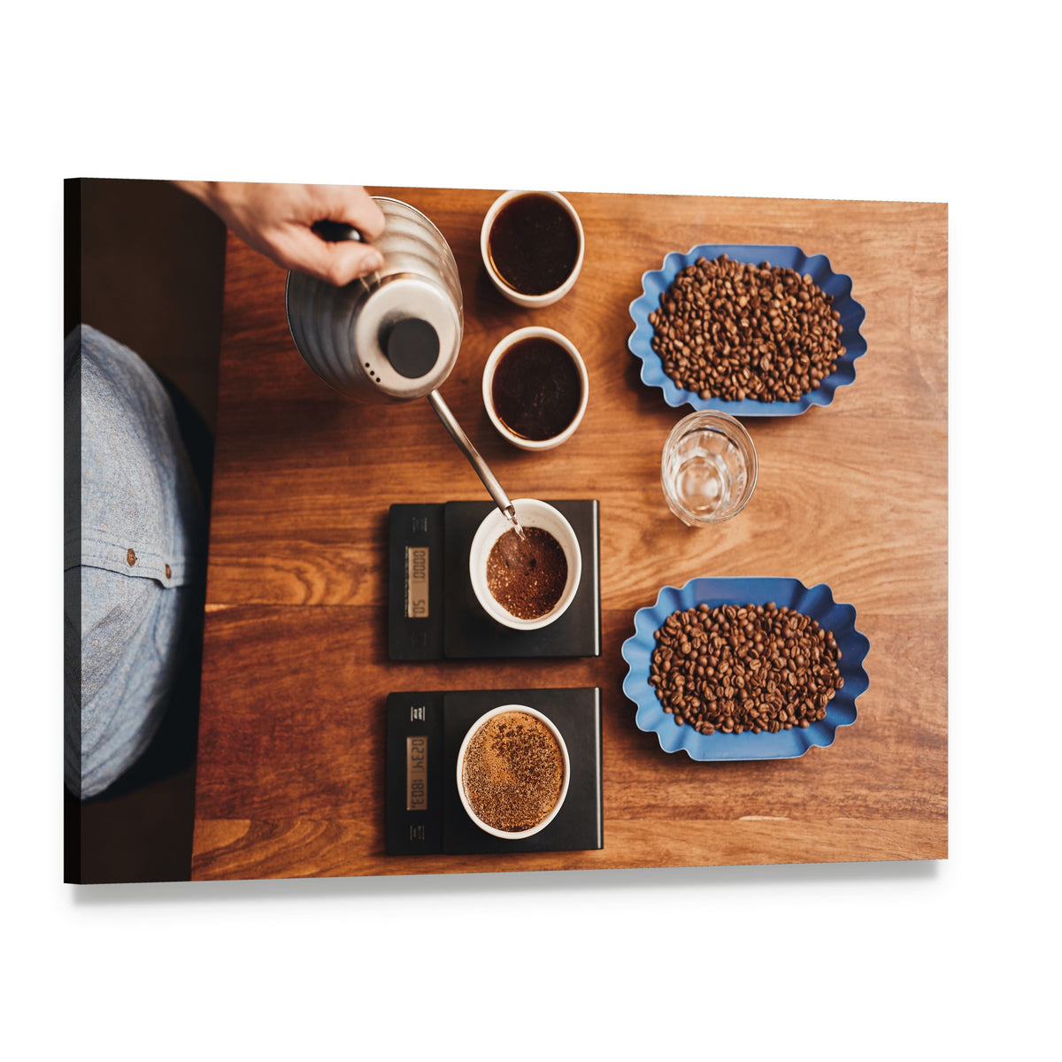 Four Coffee Cups on Table Canvas Wall Art, single panel gallery wrapped canvas, angled product view