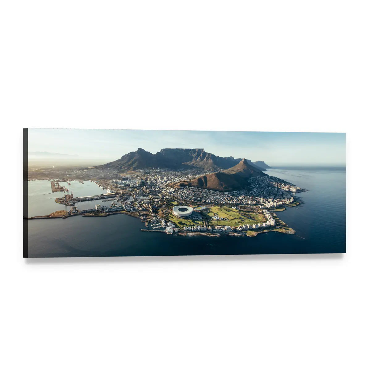 Cape Town Coastal Skyline Panoramic Canvas Wall Art, single panel gallery wrapped canvas, angled product view