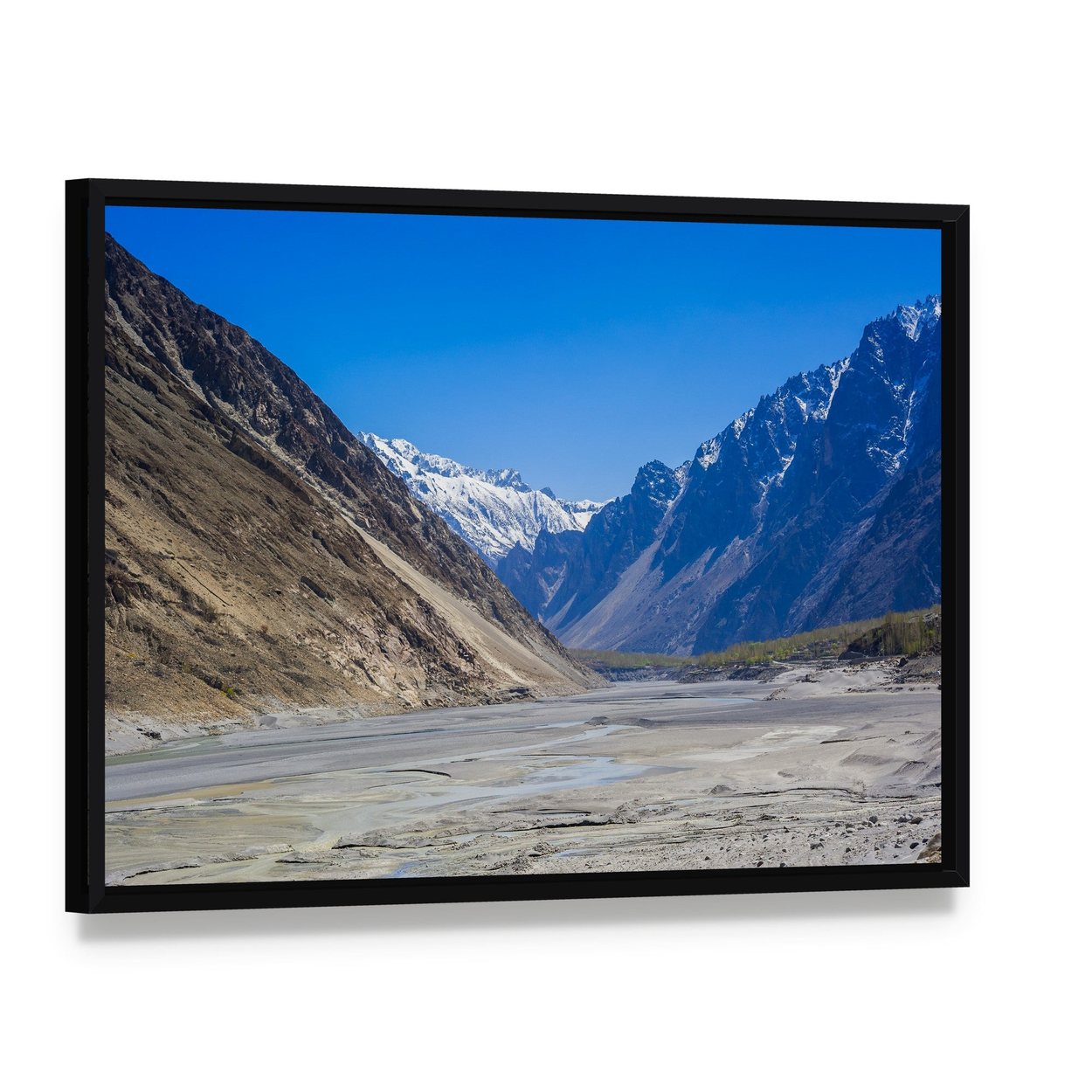 Karakorum Mountains in Clear Blue Sky Canvas Wall Art, framed canvas in a black floater frame, angled product view