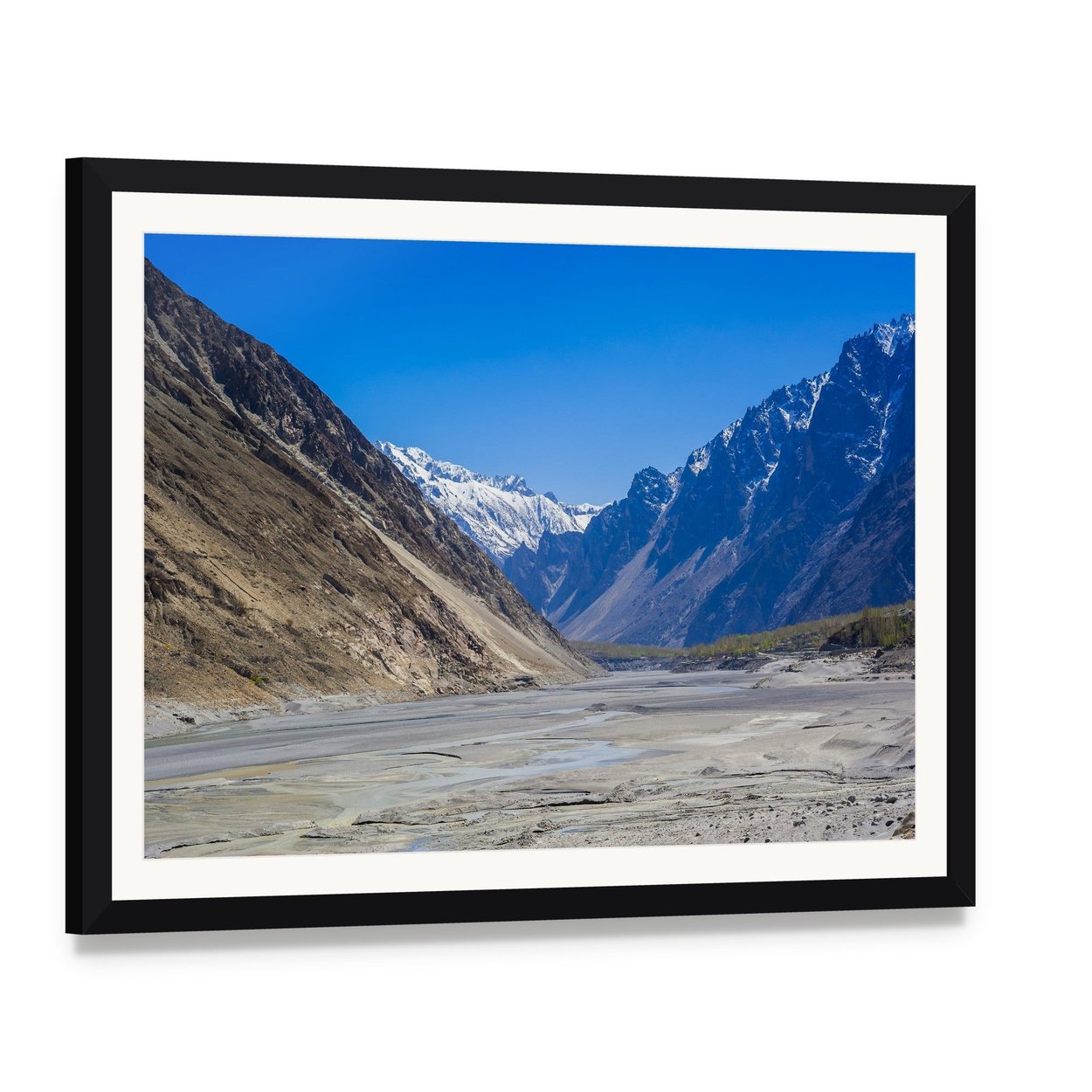Karakorum Mountains in Clear Blue Sky Canvas Wall Art, framed print with white mat and black frame, angled product view