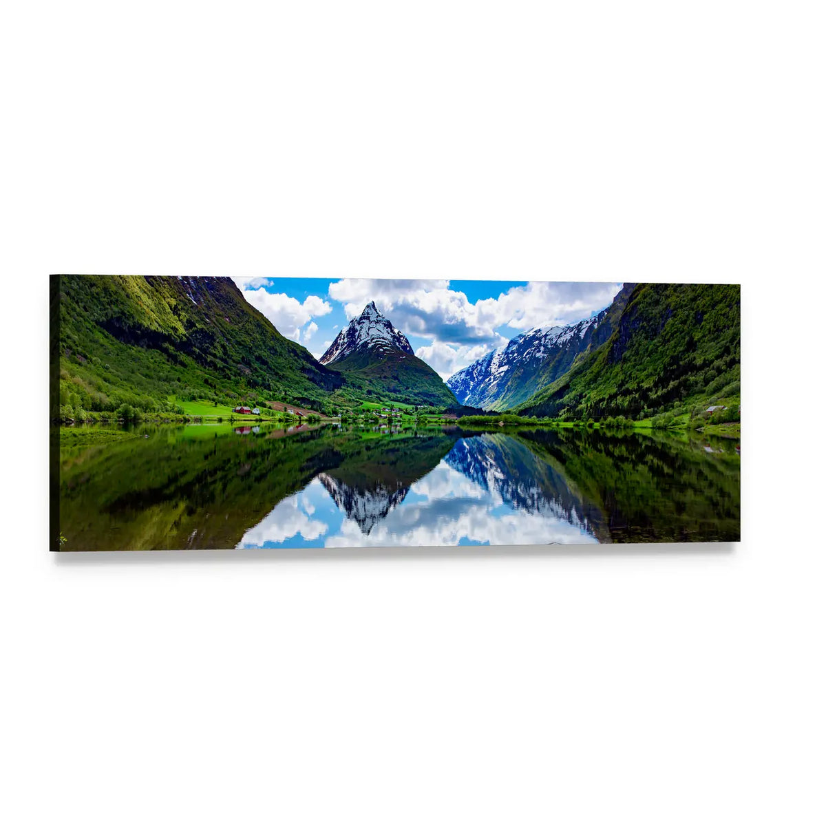 Norway Mountain Lake Landscape Panoramic Canvas Wall Art, single panel gallery wrapped canvas, angled product view